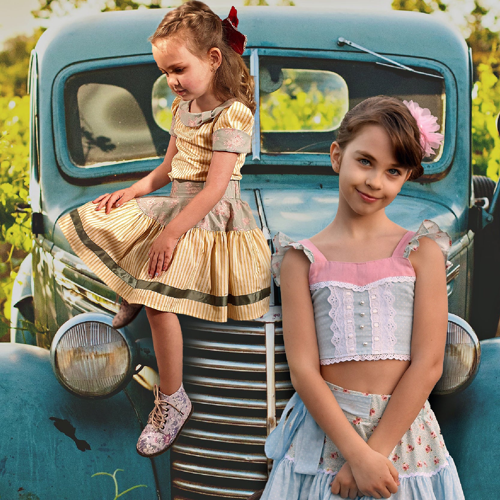 Connie blouse, pdf sewing pattern by Frocks & Frolics. Featuring a decorative yoke in pink linen with lace edging. Cute flutter sleeves in pastel blue and pink print by Michael Miller. Vintage collection poster