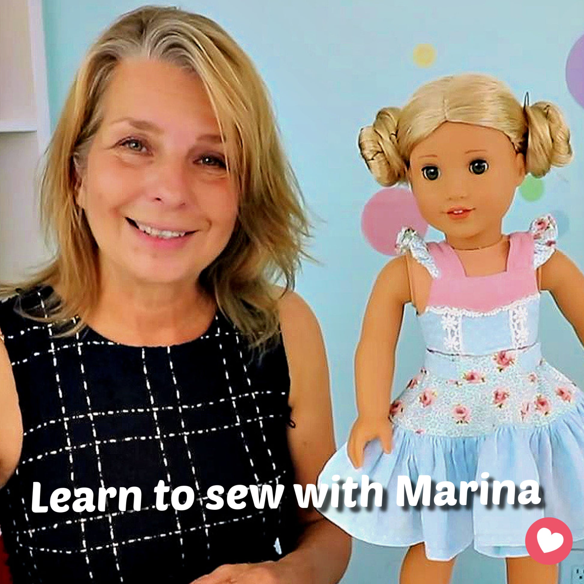 Bonnie & Connie American girl doll clothes by Frocks & Frolics. Gorgeous cropped top and twirl skirt in pastel blue fabrics. With flutter sleeves and big circle skirt.