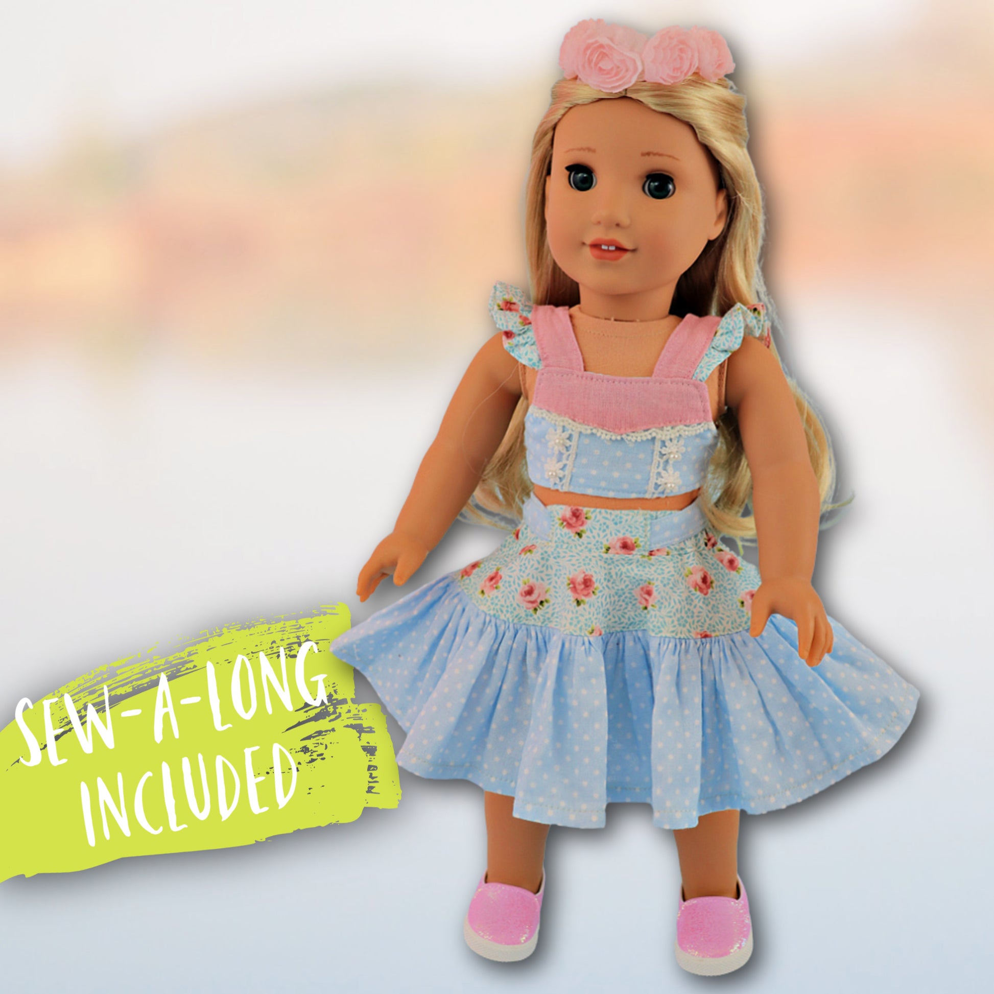 Bonnie & Connie American girl doll clothes by Frocks & Frolics. Gorgeous cropped top and twirl skirt in pastel blue fabrics. With flutter sleeves and big circle skirt.