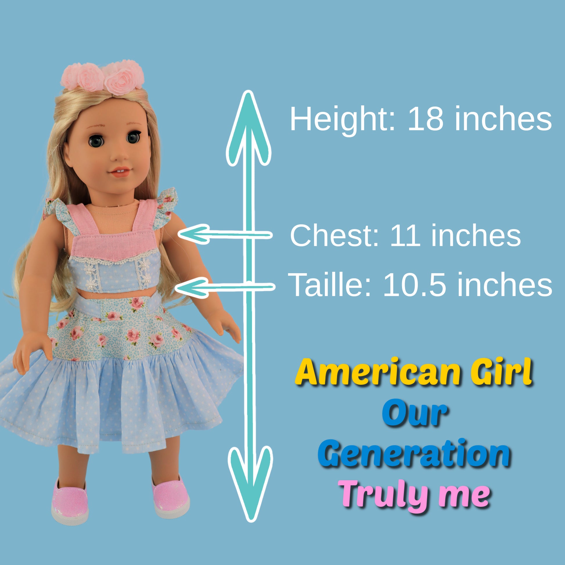 Bonnie & Connie American girl doll clothes by Frocks & Frolics. Gorgeous cropped top and twirl skirt in pastel blue fabrics. With flutter sleeves and big circle skirt. Size chart.