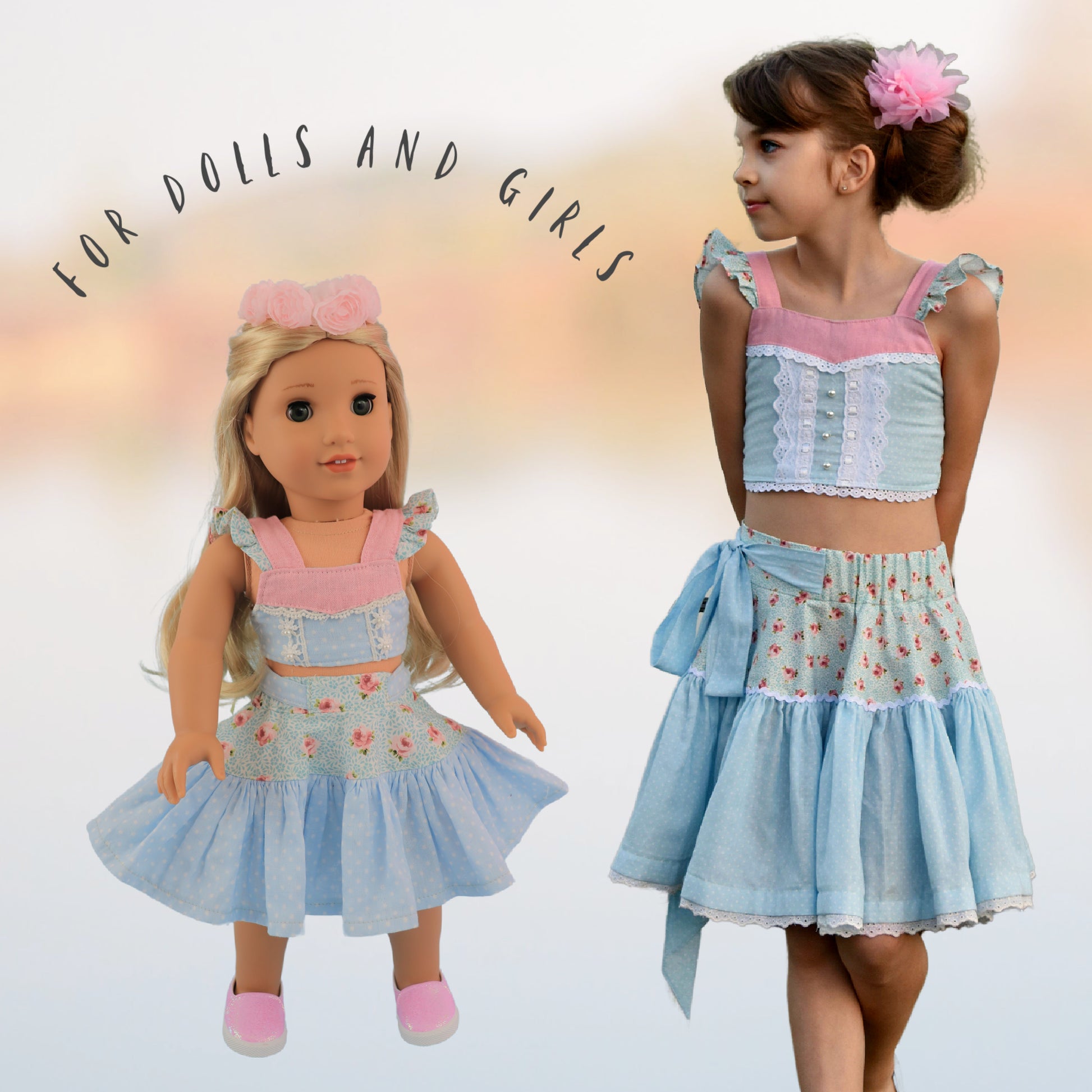 Bonnie & Connie American girl doll clothes by Frocks & Frolics. Gorgeous cropped top and twirl skirt in pastel blue fabrics. With flutter sleeves and big circle skirt. Also available for girls.