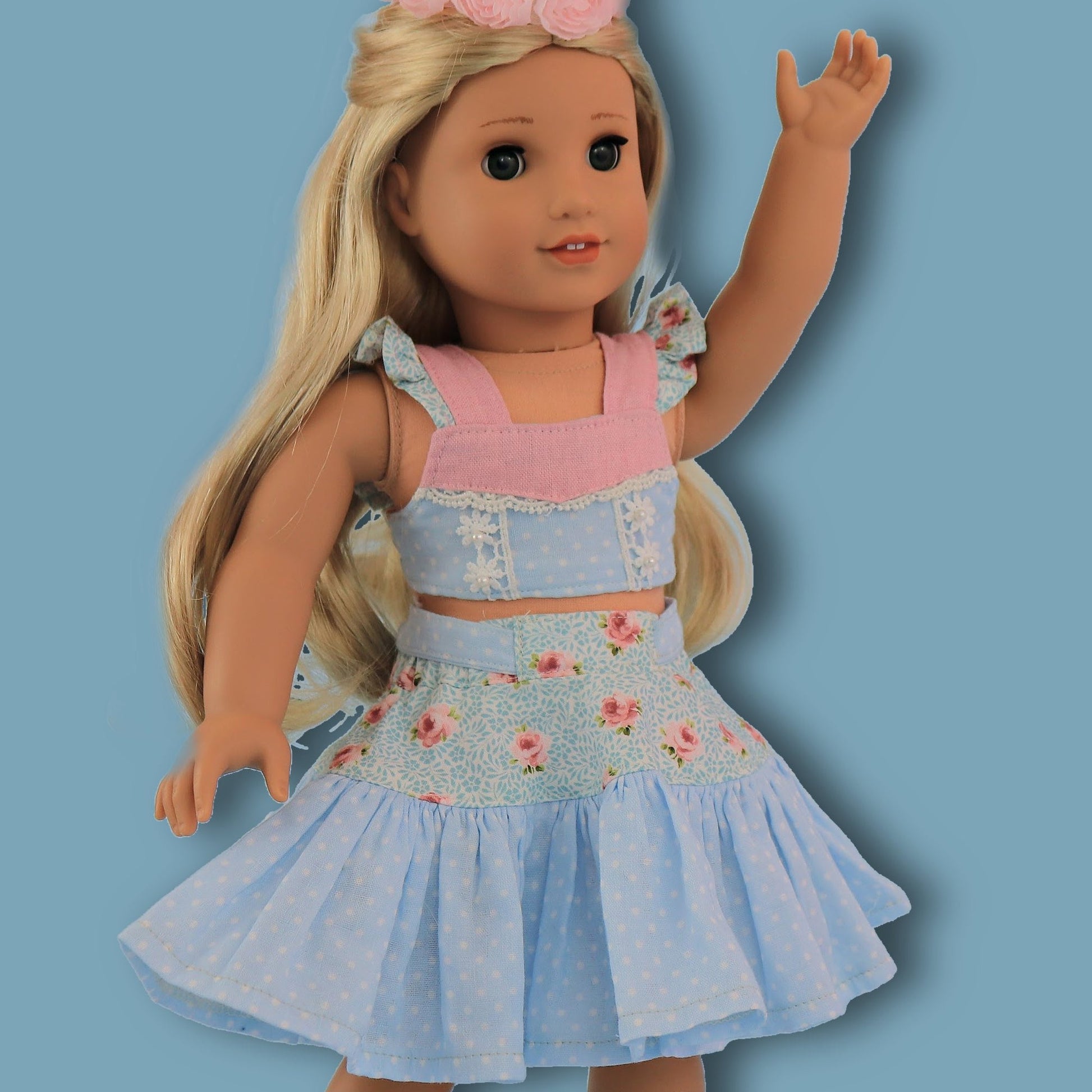 Bonnie & Connie American girl doll clothes by Frocks & Frolics. Gorgeous cropped top and twirl skirt in pastel blue fabrics. With flutter sleeves and big circle skirt.