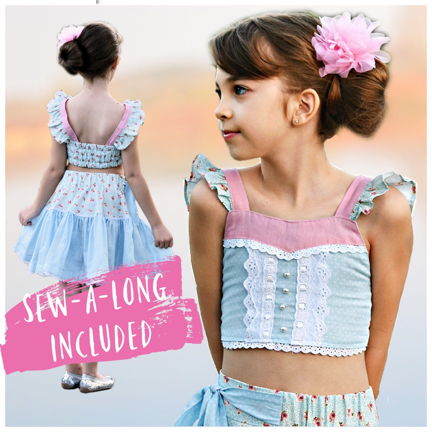 Connie blouse, pdf sewing pattern by Frocks & Frolics. Cute flutter sleeves in pastel blue and pink print by Michael Miller. Front bodice lace embroidery and pearl buttons complete the look. Video Tutorial for every step included.