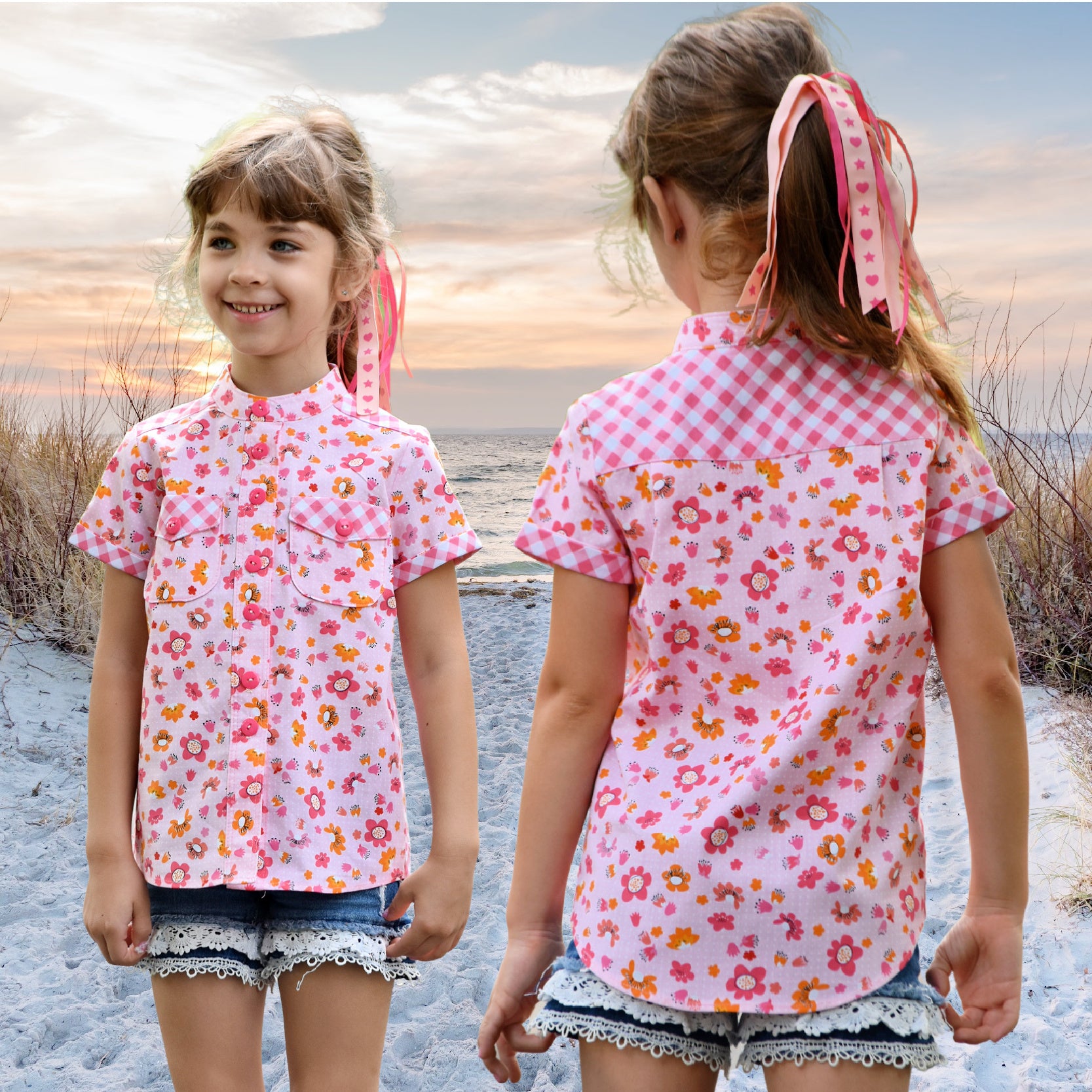 Cool shirt, pdf sewing pattern for a button down shirt by Frocks & Frolics.  High low hem feature. Includes a video sewing course explaining every step in detail. Front and back viewShort sleeve option in typical James Dean style.