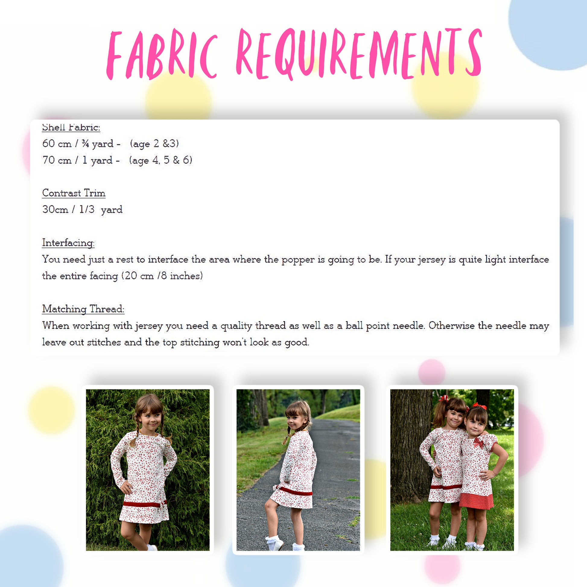 Daisy dress, pdf sewing pattern. Jersey dress with long raglan sleeves and faux turn up. The dress has a KamSnap back closure and deep decorative hem trim. The pattern comes with a step-by-step video tutorial. Fabric requirements.