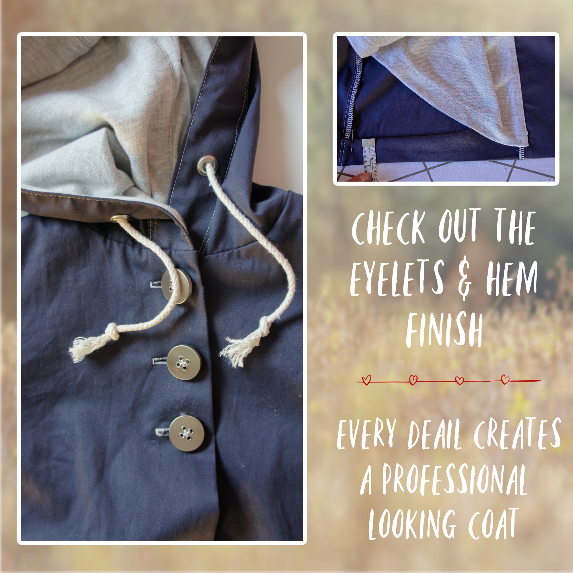 Dakota Pea Coat, pdf sewing pattern by Frocks and Frolics. Fully lined wool coat  with hoodie or collar. The sewing pattern comes with video tutorials.