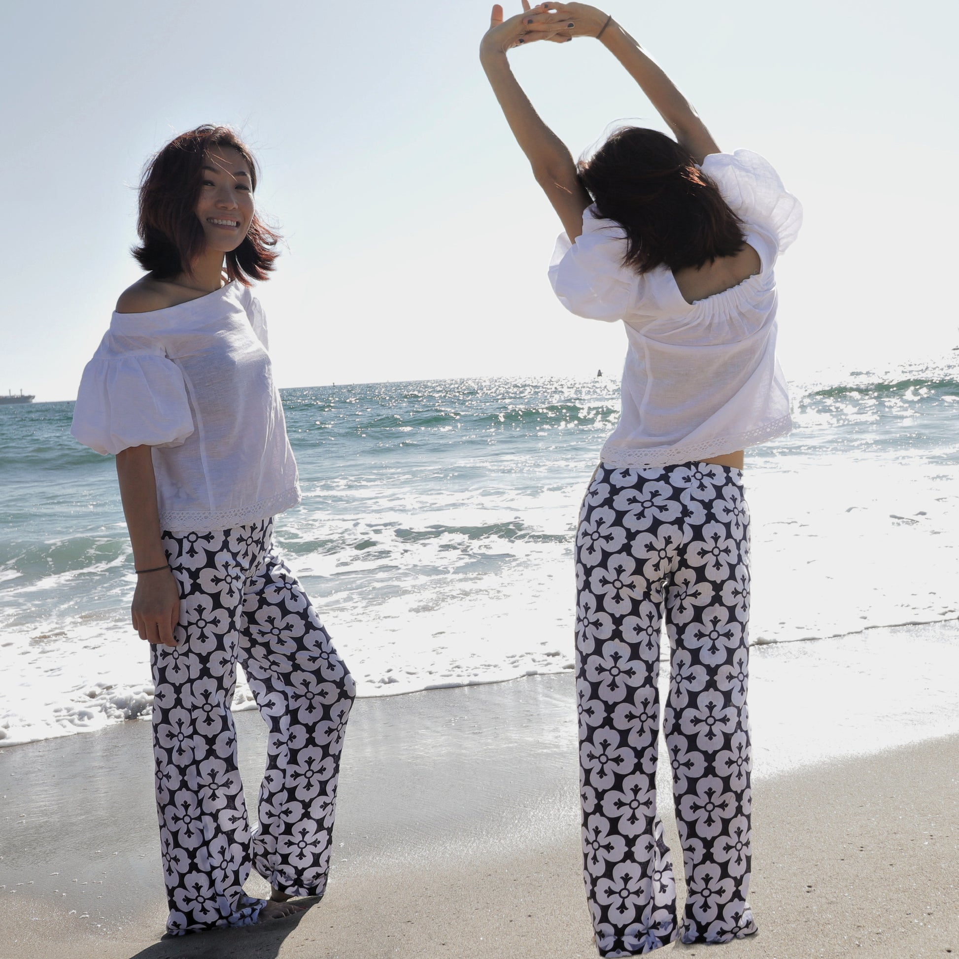 Low waist Devon trousers, concealed zip and waistband facing, wide legs, in two lengths, comes with video tutorial for every step. In printed linen.