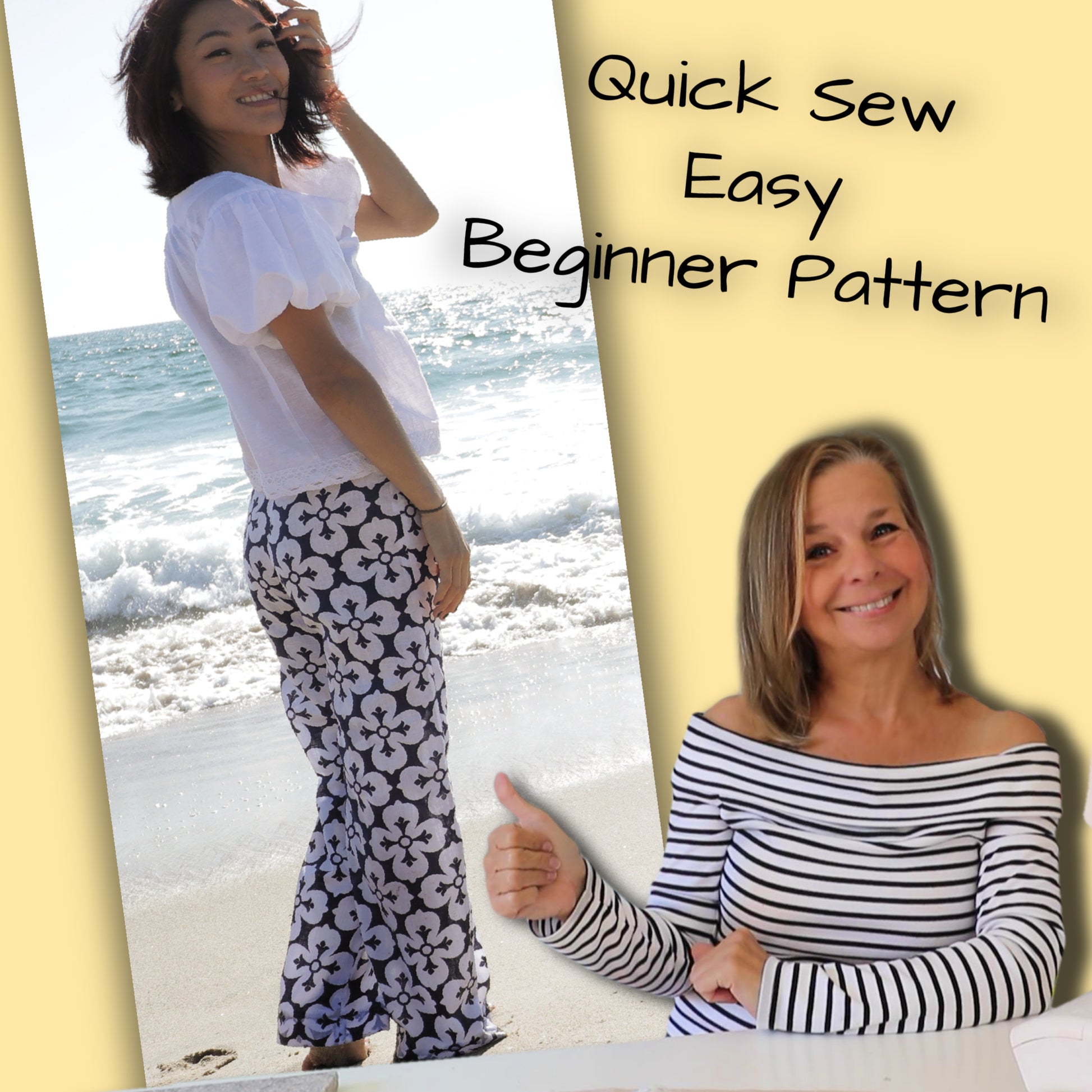 Low waist Devon trousers, concealed zip and waistband facing, wide legs, in two lengths, comes with video tutorial for every step. In printed linen.