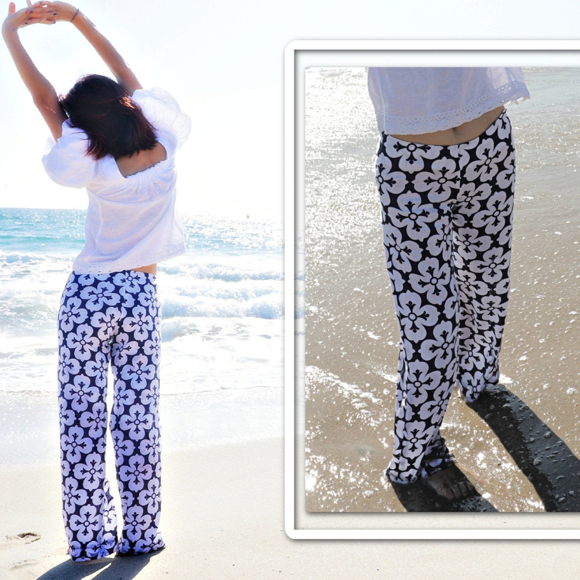 Low waist Devon trousers, concealed zip and waistband facing, wide legs, in two lengths, comes with video tutorial for every step. In printed linen.