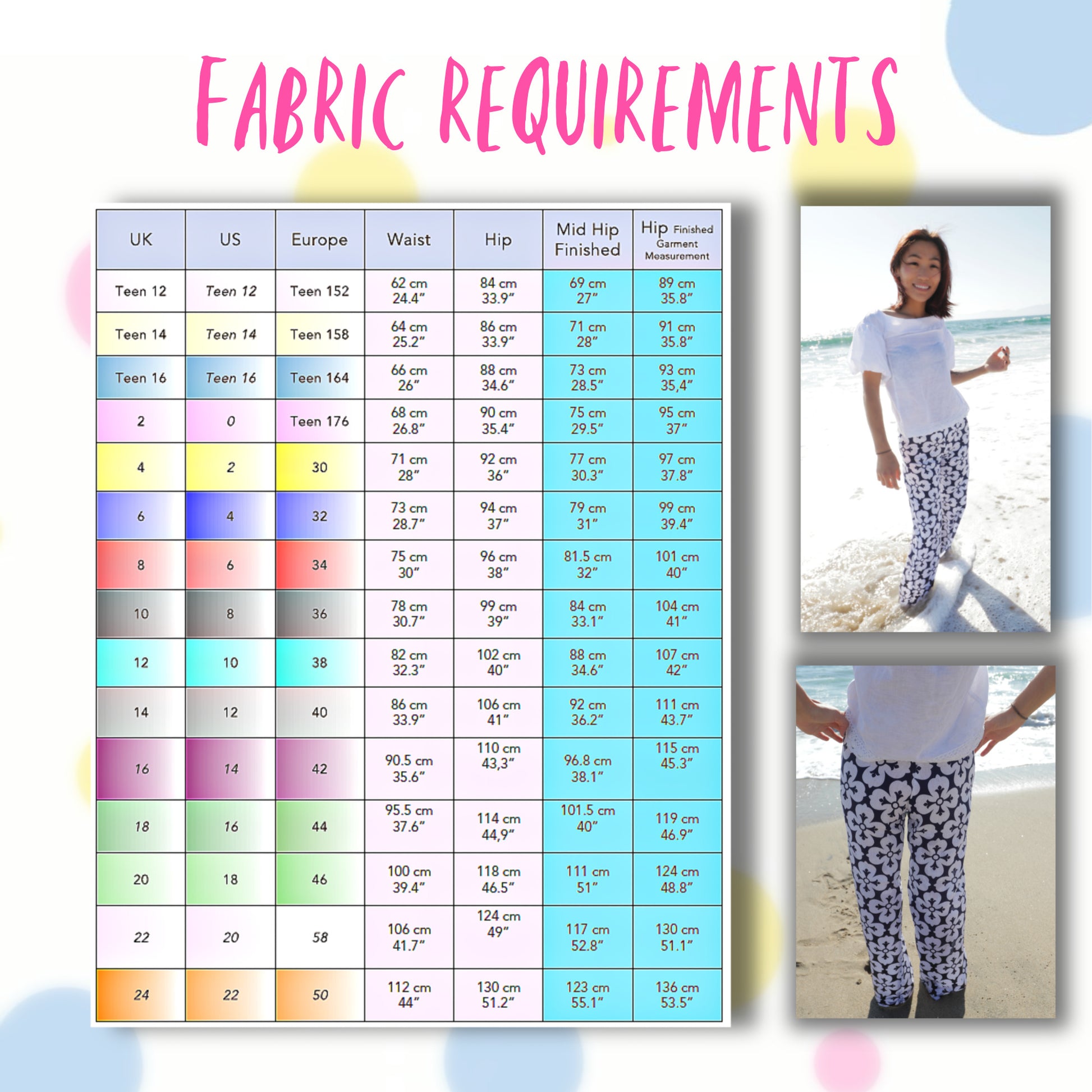 Low waist Devon trousers, concealed zip and waistband facing, wide legs, in two lengths, comes with video tutorial for every step. In printed linen. Fabric requirements.