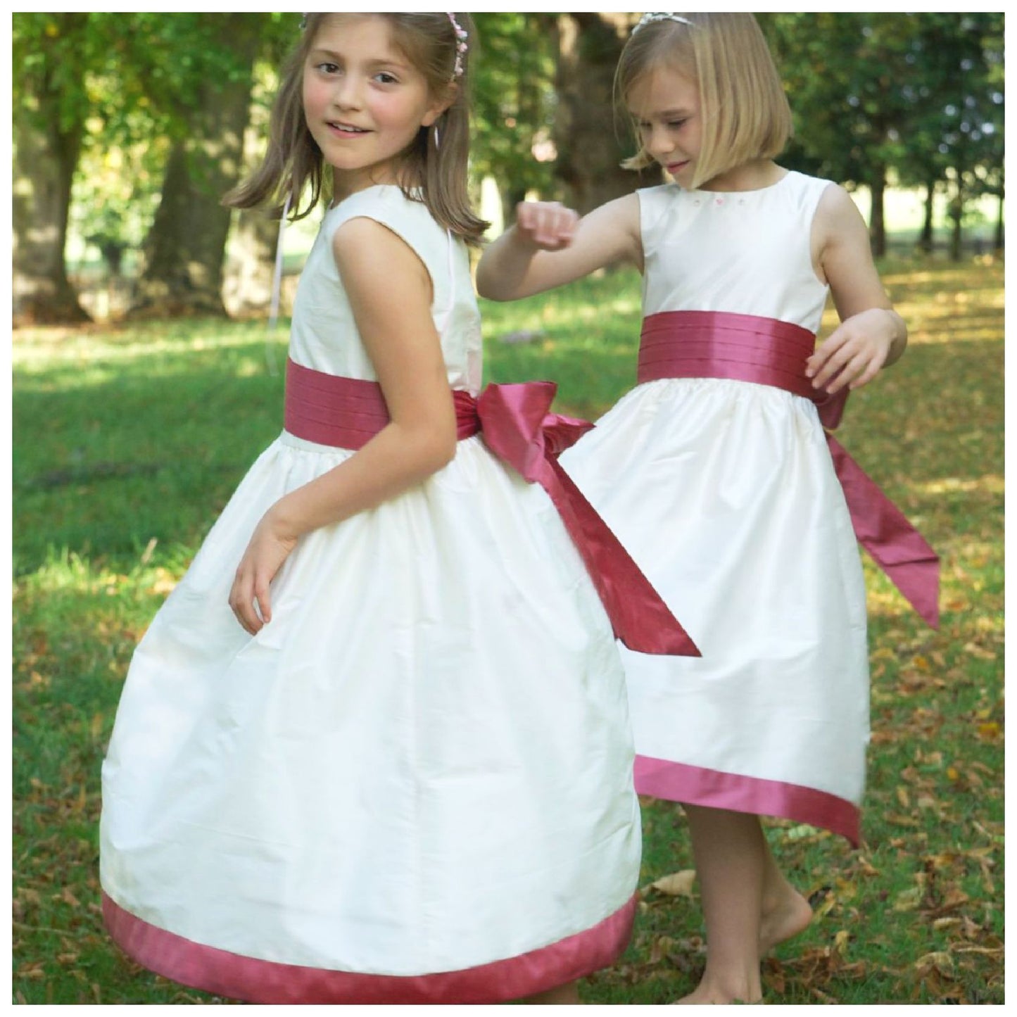 Flower girl dress pdf sewing pattern, cummerbund sash, big bow, classic flower girl frock, pink sash, cream bodice, covered buttons, rouleaux loop fastening. Free You Tube Video playlist.