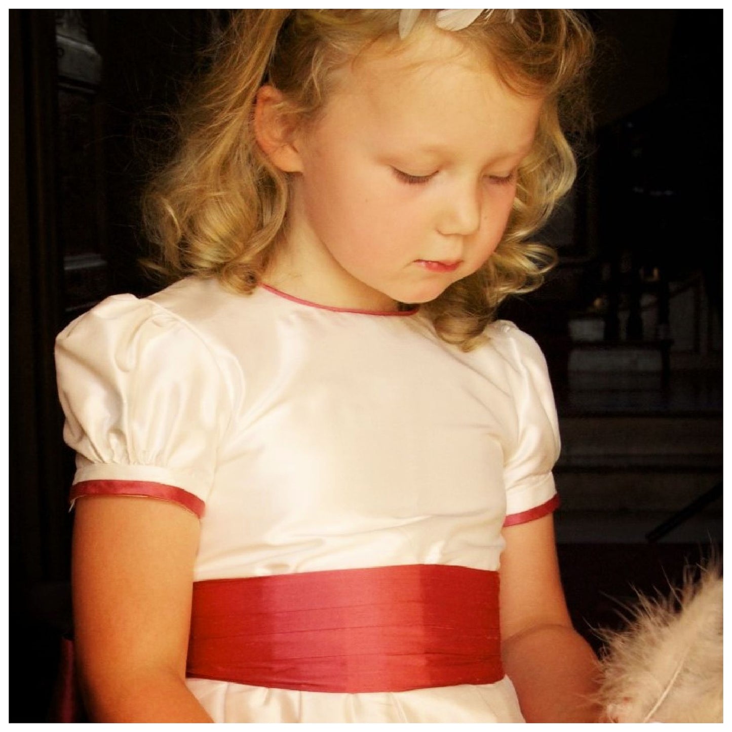 Flower girl dress pdf sewing pattern, cummerbund sash, big bow, classic flower girl frock, pink sash, cream bodice, covered buttons, rouleaux loop fastening. Free You Tube Video playlist.