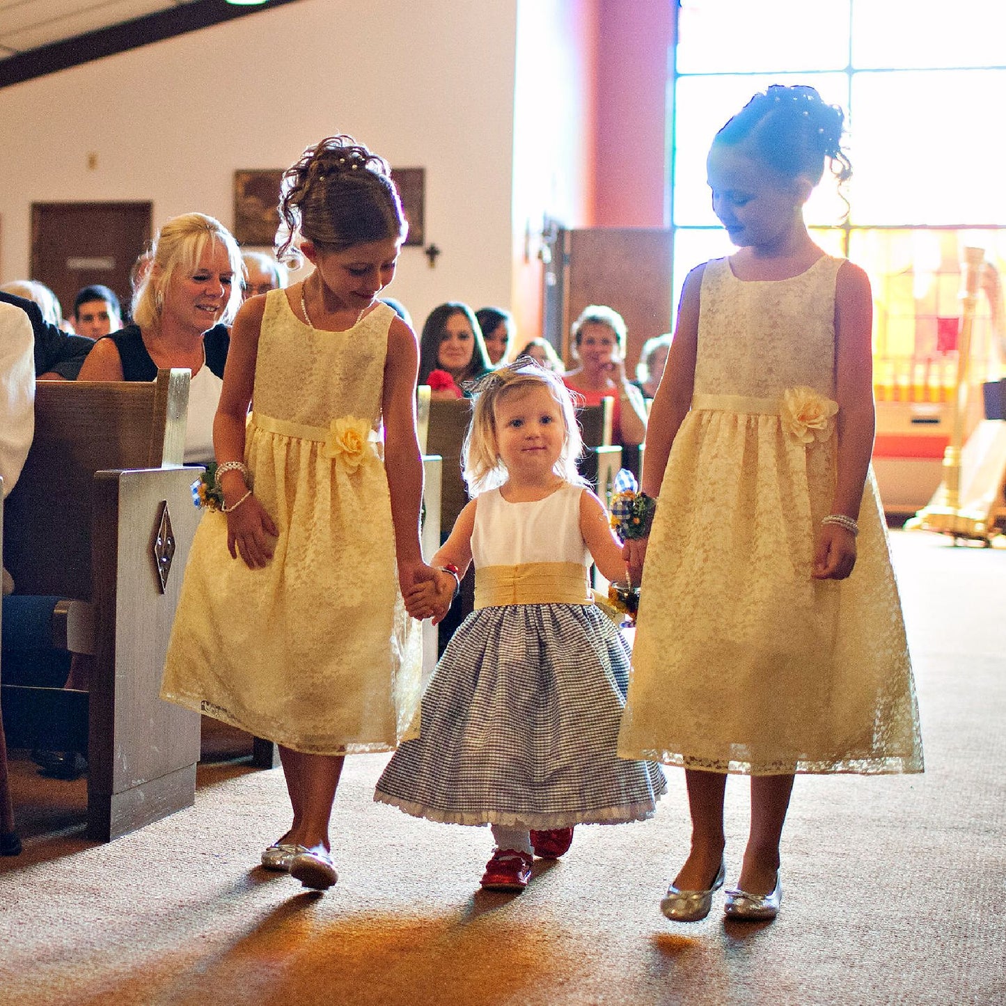 Flower girl dress pdf sewing pattern, cummerbund sash, big bow, classic flower girl frock, gold sash, cream bodice, gingham skirt, covered buttons, rouleaux loop fastening. Free You Tube Video playlist.
