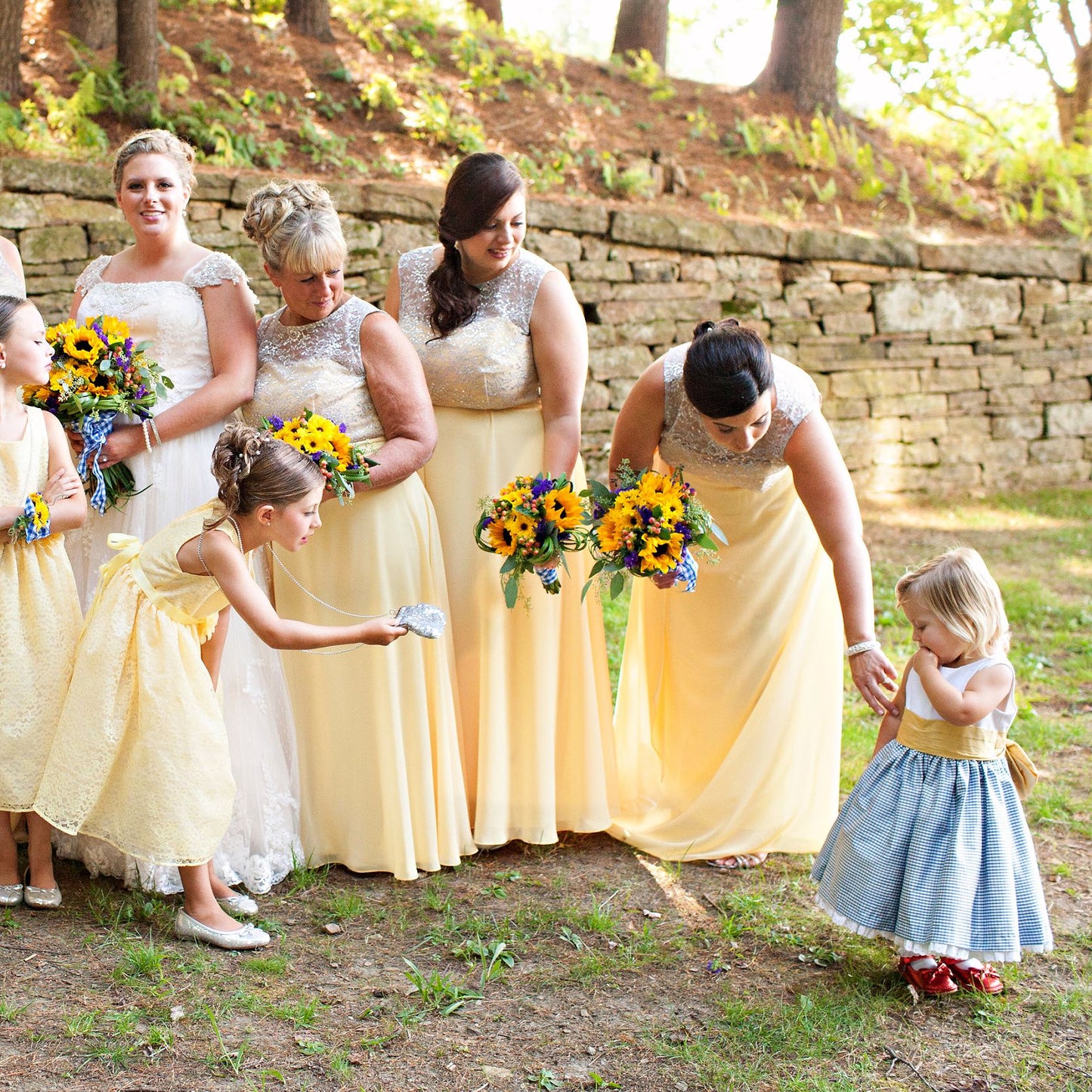 Flower girl dress pdf sewing pattern, cummerbund sash, big bow, classic flower girl frock, gold sash, cream bodice, gingham skirt, covered buttons, rouleaux loop fastening. Free You Tube Video playlist.