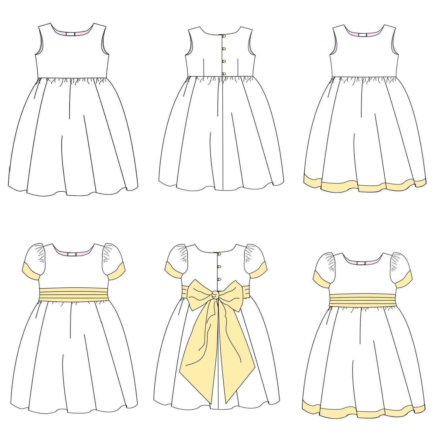 Flower girl dress pdf sewing pattern, cummerbund sash, big bow, classic flower girl frock, pink sash, cream bodice, covered buttons, rouleaux loop fastening. Free You Tube Video playlist. Back view of the handcovered cover buttons. Diagram of options.