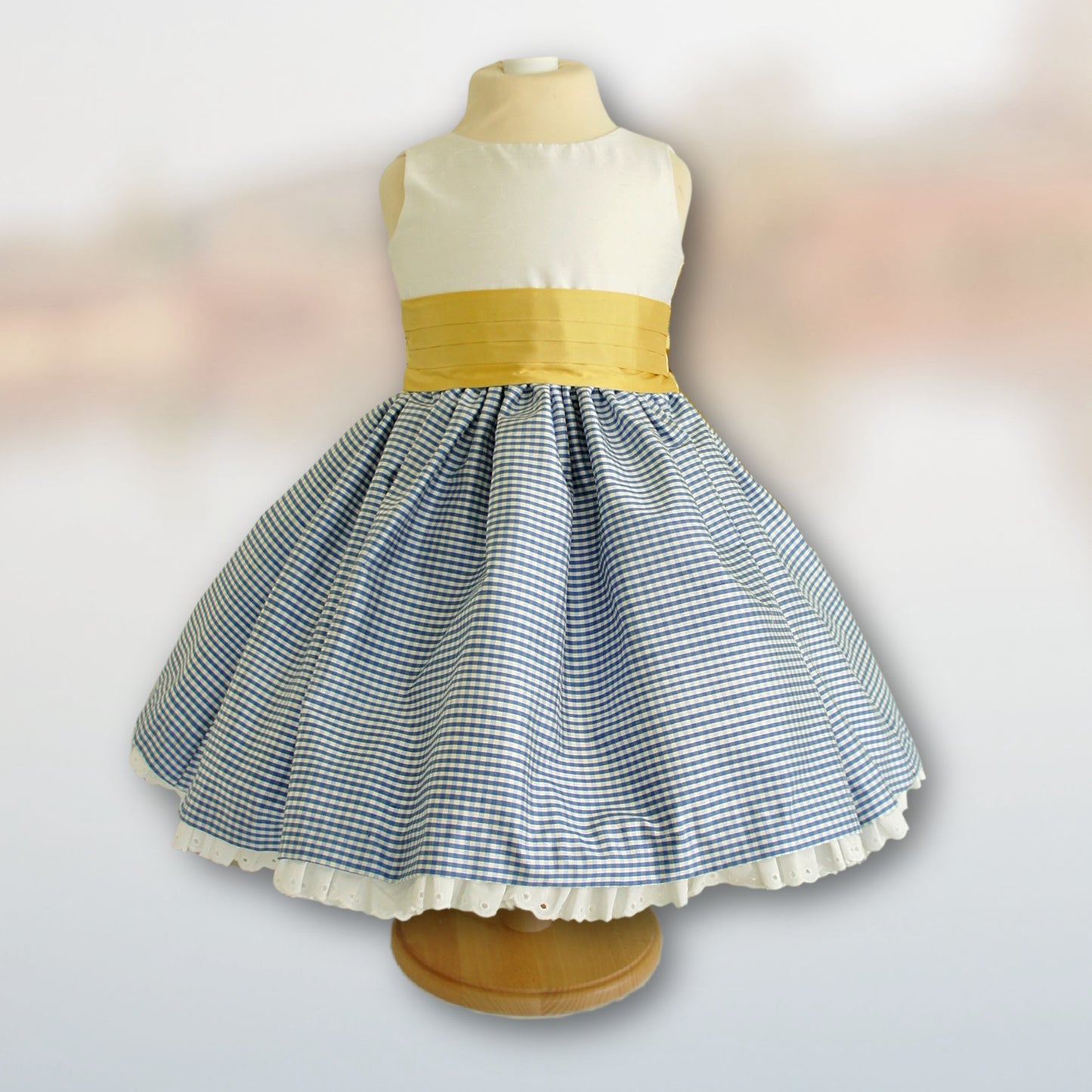 Flower girl dress pdf sewing pattern, cummerbund sash, big bow, classic flower girl frock, gold sash, cream bodice, gingham skirt, covered buttons, rouleaux loop fastening. Free You Tube Video playlist.