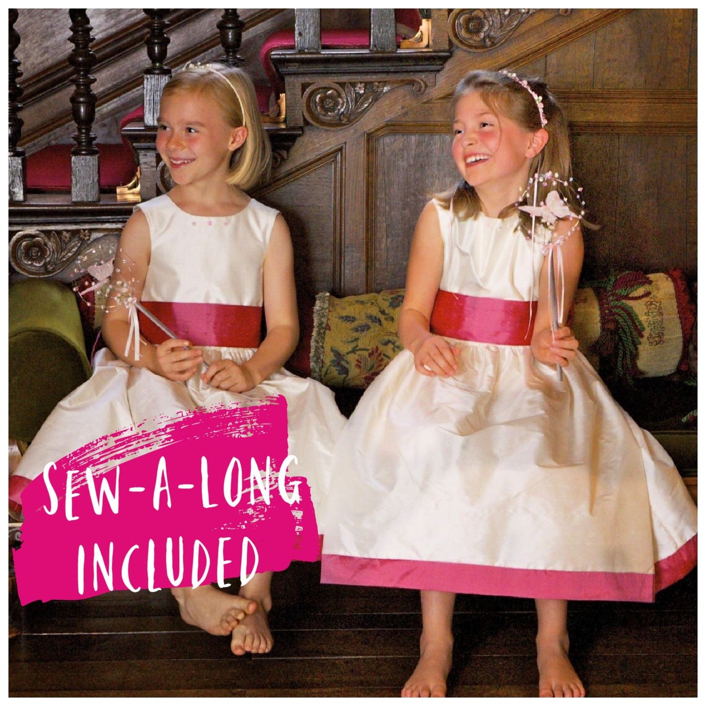 Flower girl dress pdf sewing pattern, cummerbund sash, big bow, classic flower girl frock, pink sash, cream bodice, covered buttons, rouleaux loop fastening. Free You Tube Video playlist.