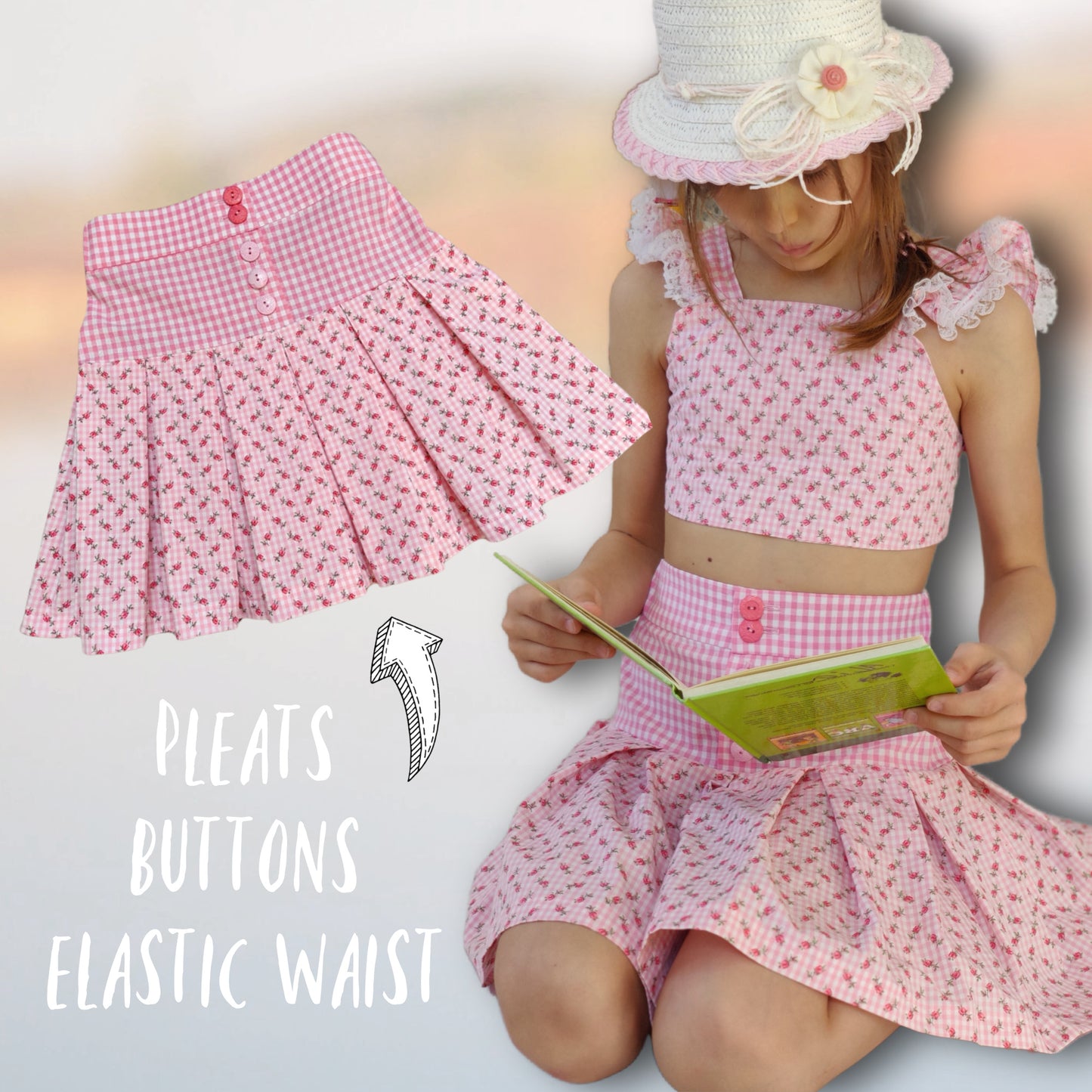 Frances pleated linen skirt, with a yoke and elasticated waistband. Back to schoolskirt, perfect pdf sewing pattern for all sewing levels.