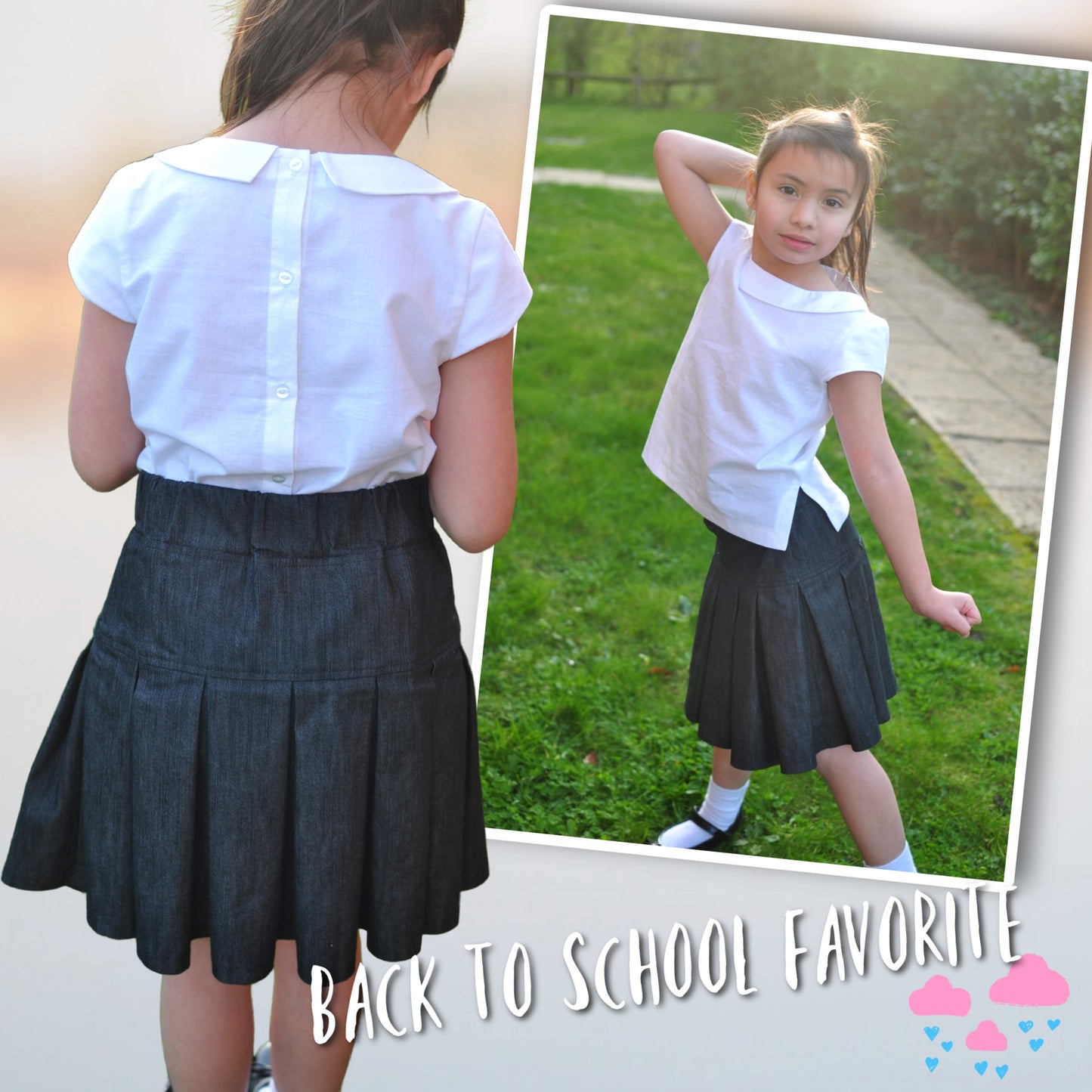 Frances pleated linen skirt, with a yoke and elasticated waistband. Back to schoolskirt, perfect pdf sewing pattern for all sewing levels.