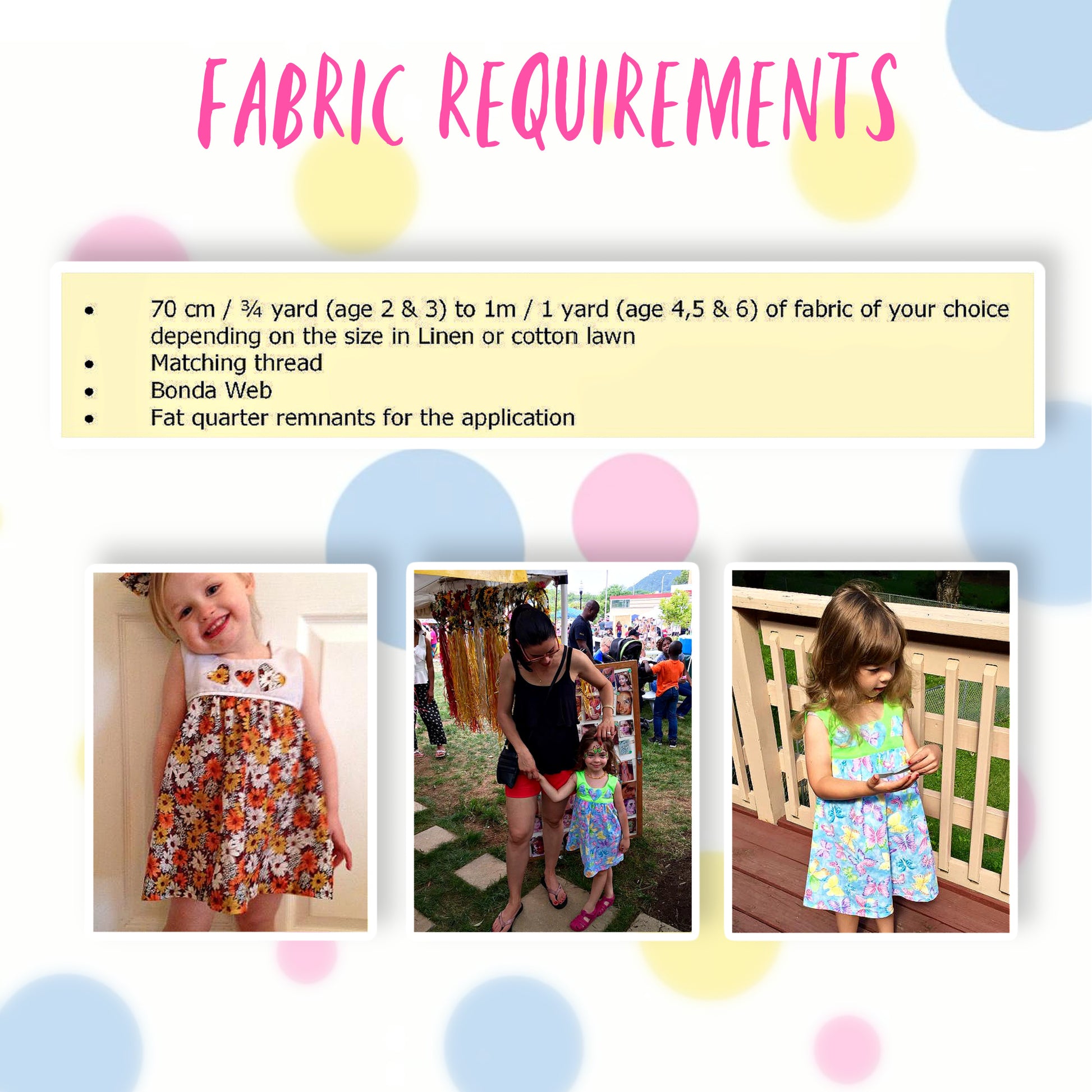 Georgina dress pdf sewing pattern by Frocks & Frolics, high waisted bodice, applique how to in printed cotton. Fabric requirements