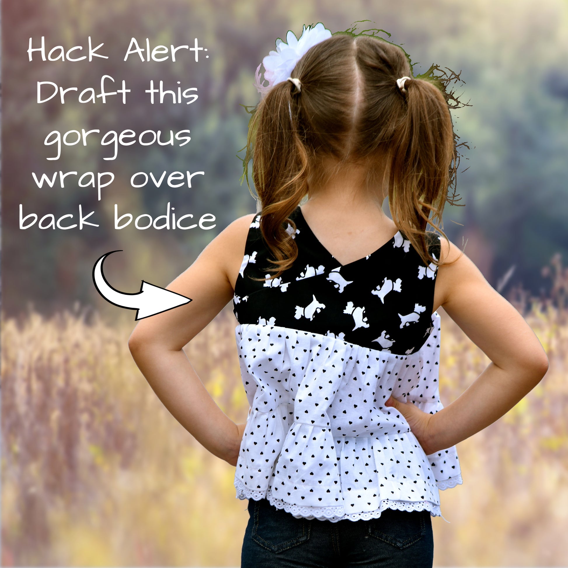 Georgina dress pdf sewing pattern by Frocks & Frolics, high waisted bodice, applique how to in printed cotton. Back view.