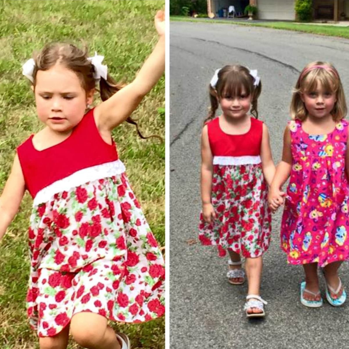 Georgina dress pdf sewing pattern by Frocks & Frolics, high waisted bodice, applique how to in printed cotton. Customer examples.