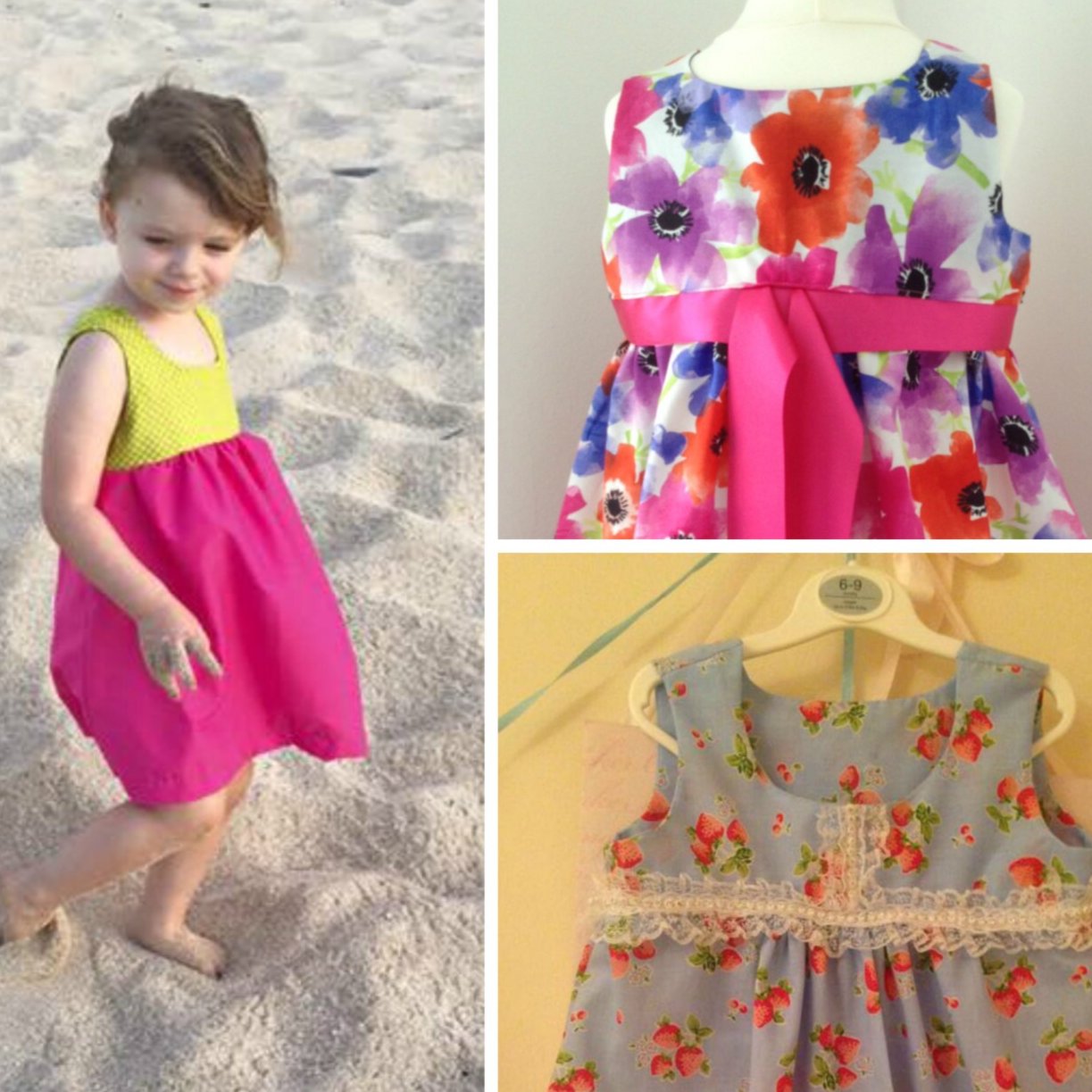 Georgina dress pdf sewing pattern by Frocks & Frolics, high waisted bodice, applique how to in printed cotton. Customer examples.