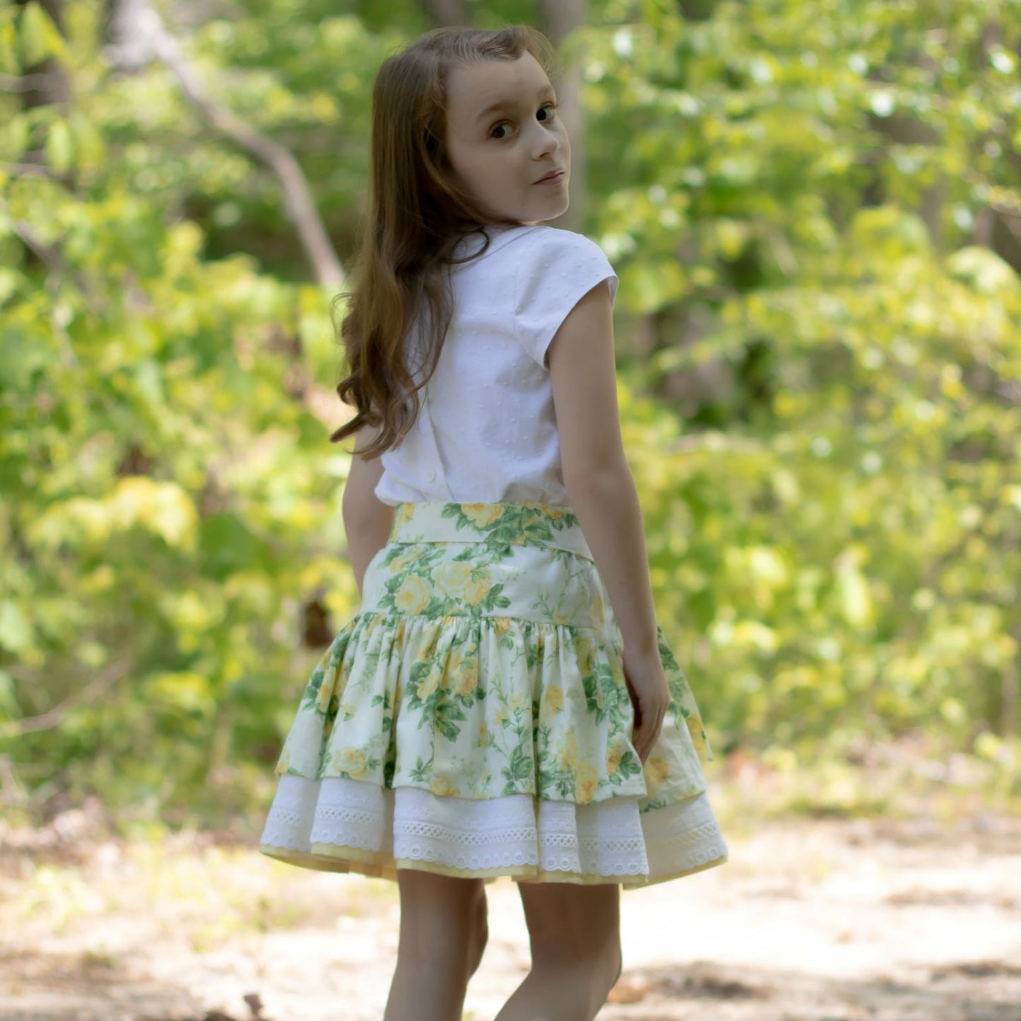Free PDF Sewing Pattern, Scarlett skirt. It's a tiered skirt with a cute belt and elasticated waist for girls age 1-12.