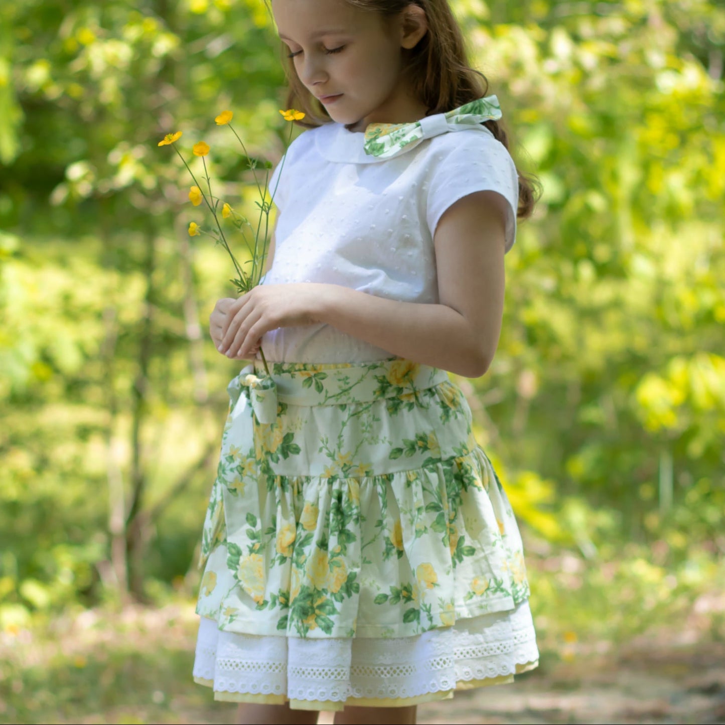 Free PDF Sewing Pattern, Scarlett skirt. It's a tiered skirt with a cute belt and elasticated waist for girls age 1-12.