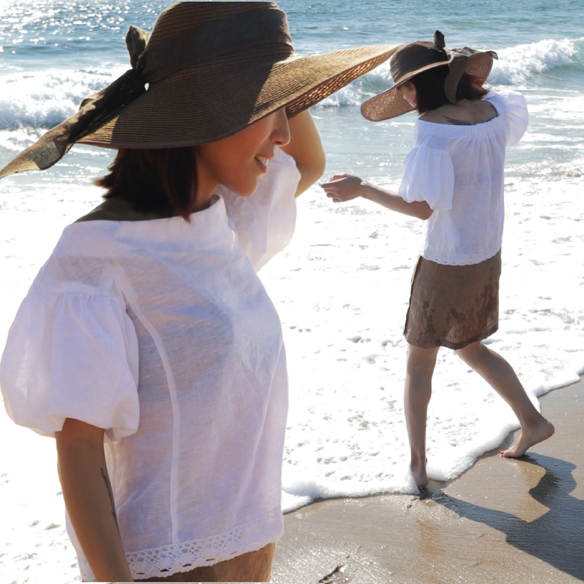 Historial blouse digital sewing pattern, ballon sleeve, elasticated back, Carmen Neckline, blouse for women, blouse for teens, with video tutorial. Side and back view.