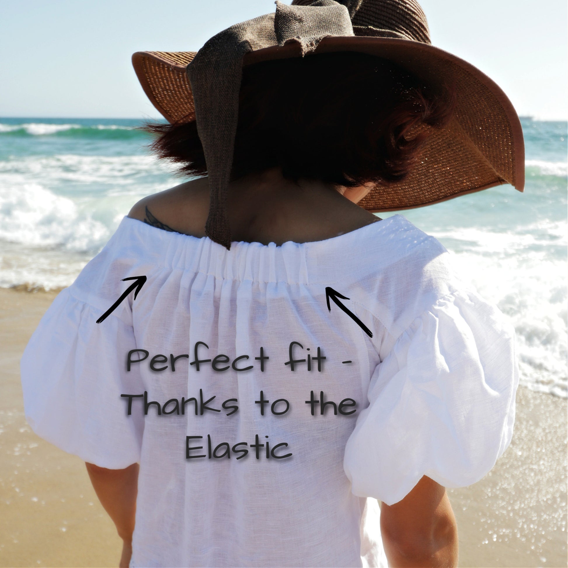 Historial blouse digital sewing pattern, ballon sleeve, elasticated back, Carmen Neckline, blouse for women, blouse for teens, with video tutorial. Back view.