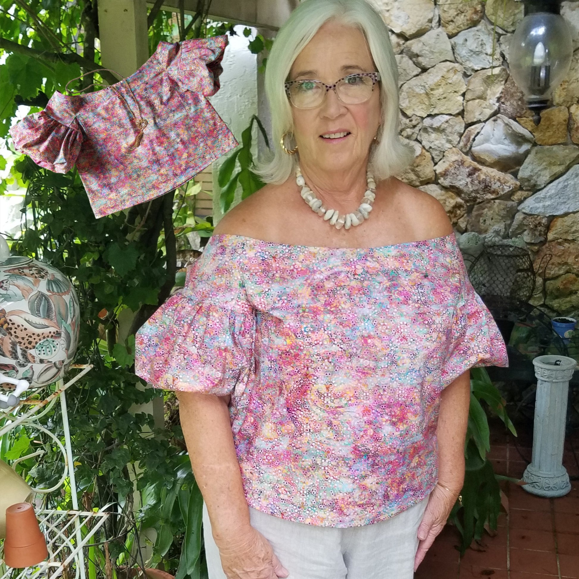 Grace peasant blouse digital sewing pattern, ballon sleeve, elasticated back, Carmen Neckline, blouse for women, blouse for teens, with video tutorial.