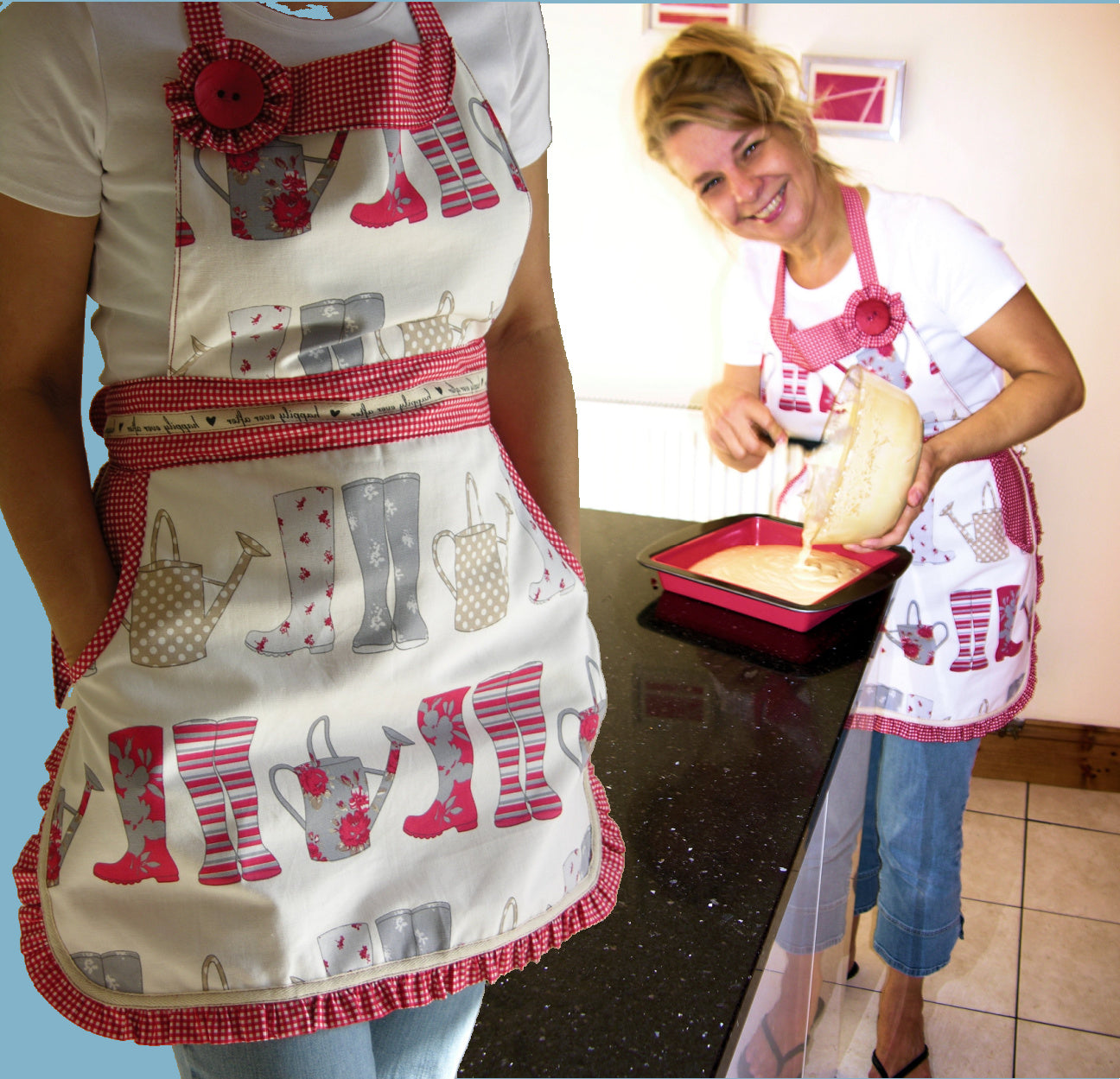 Christmas apron with snowman applique. Pdf sewing pattern by Frocks & Frolics. Fully lined, cute tie backs, free video sew-a-long. In gingham white and blue cotton with red trim bias binding and pockets.