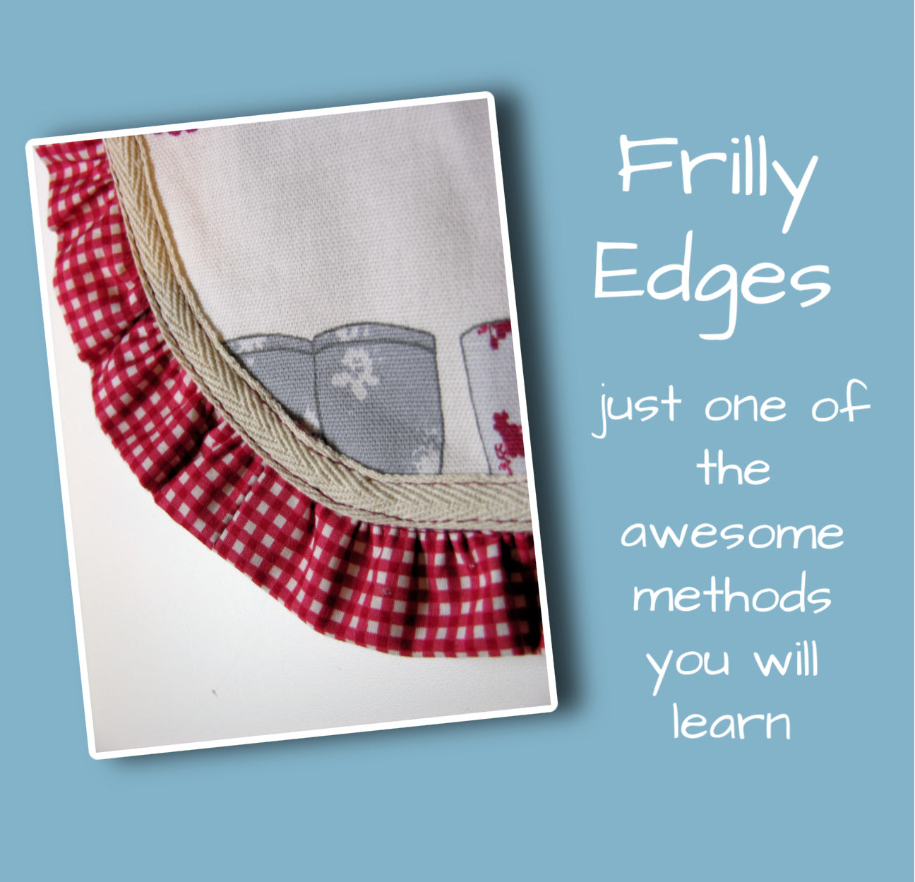 Christmas apron with snowman applique. Pdf sewing pattern by Frocks & Frolics. Fully lined, cute tie backs, free video sew-a-long. In gingham white and blue cotton with red trim bias binding and pockets.