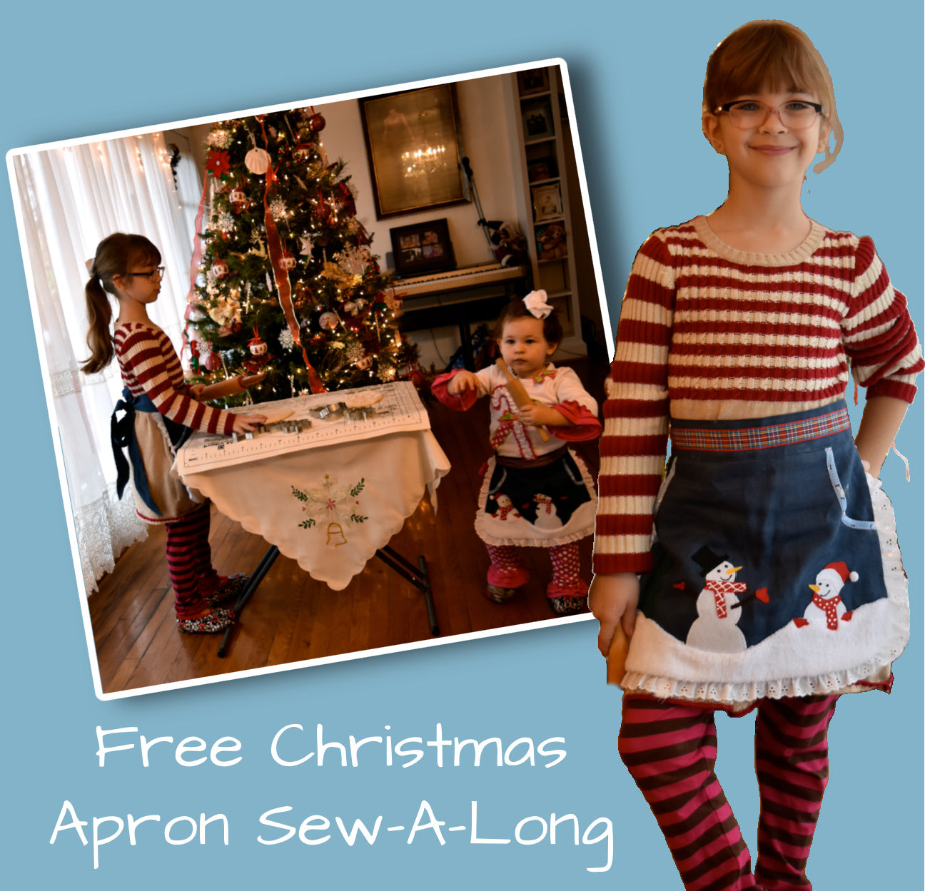 Christmas apron with snowman applique. Pdf sewing pattern by Frocks & Frolics. Fully lined, cute tie backs, free video sew-a-long. In gingham white and blue cotton with red trim bias binding and pockets.