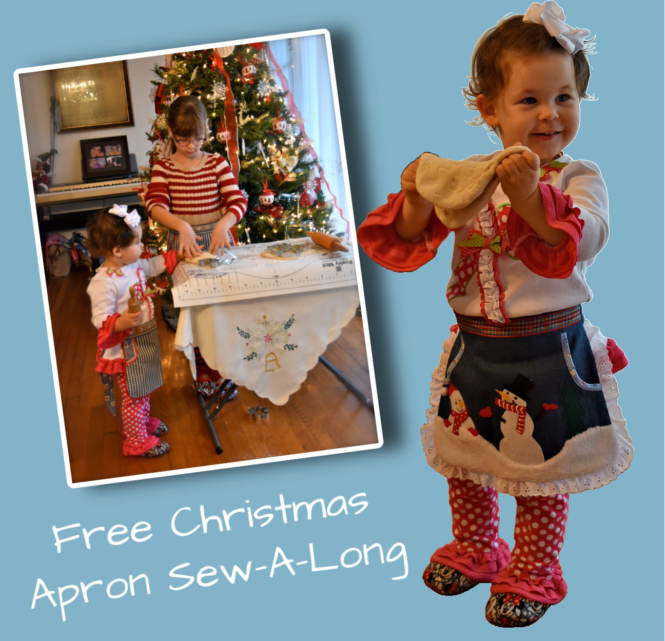 Christmas apron with snowman applique. Pdf sewing pattern by Frocks & Frolics. Fully lined, cute tie backs, free video sew-a-long. In gingham white and blue cotton with red trim bias binding and pockets.