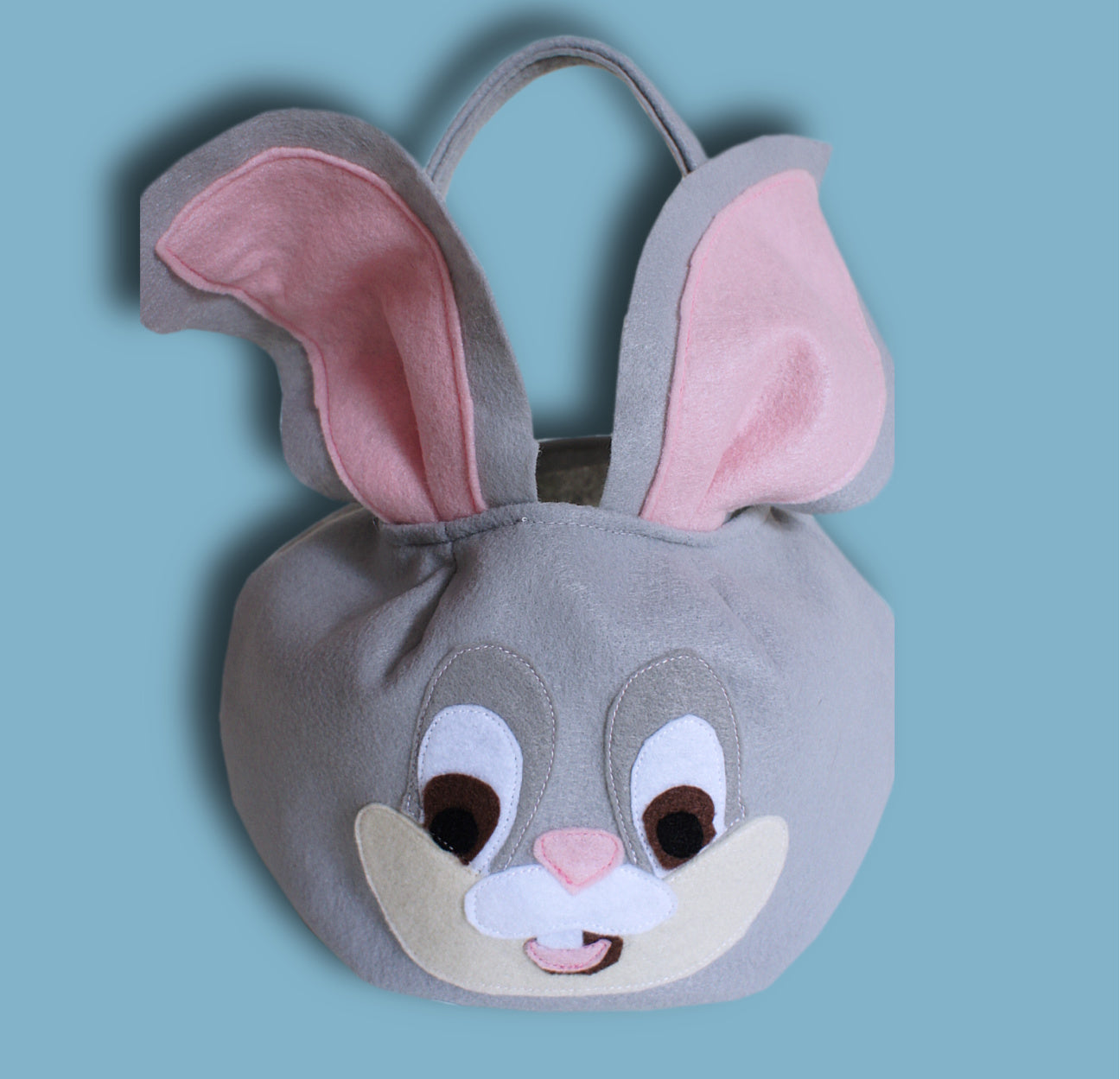 Halloween treat or trick basket, pdf sewing pattern by Frocks & Frolics. Bunny themed basket.