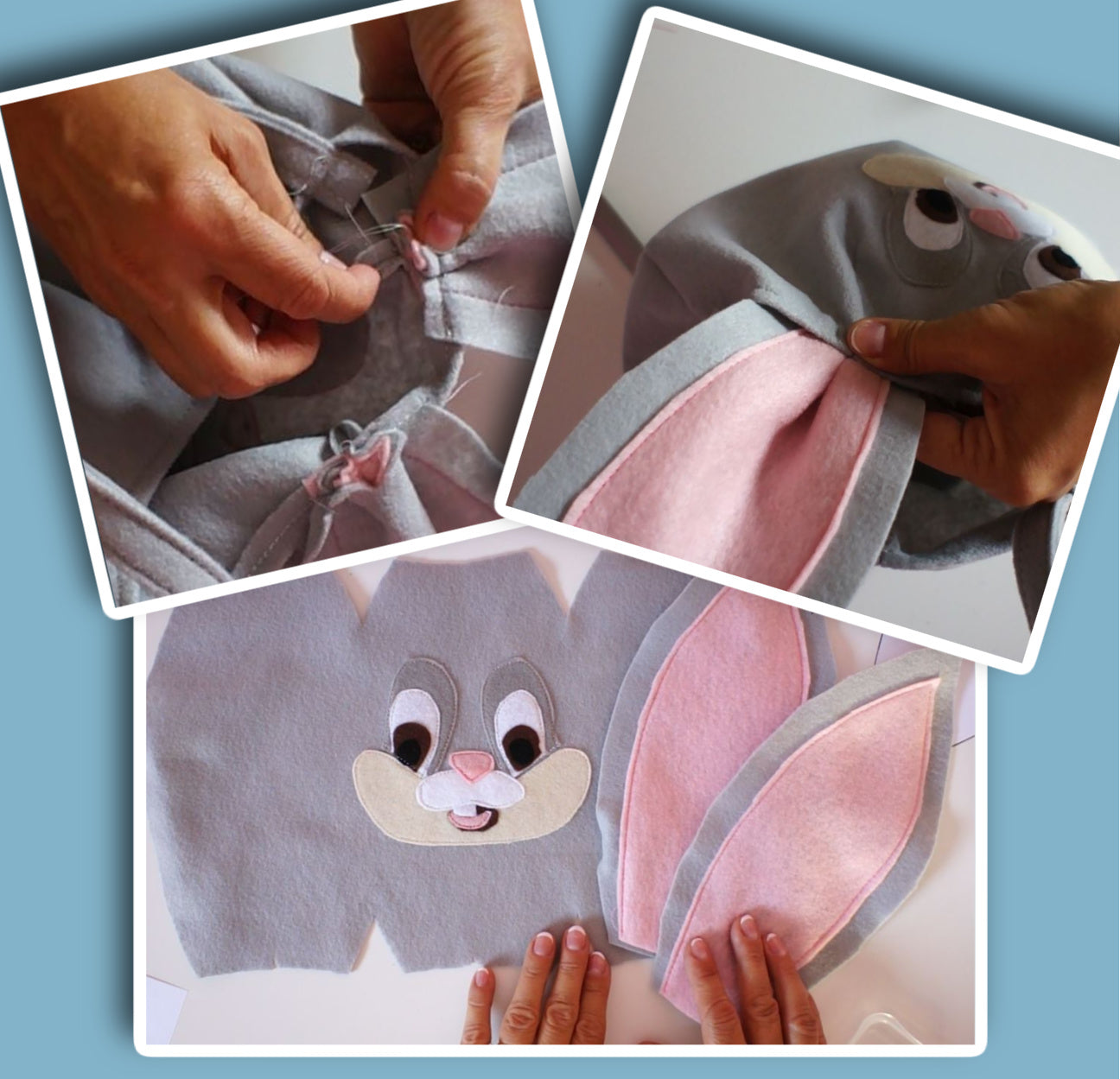 Halloween treat or trick basket, pdf sewing pattern by Frocks & Frolics. Images from the ebook to illustrate how to make a bunny applique.