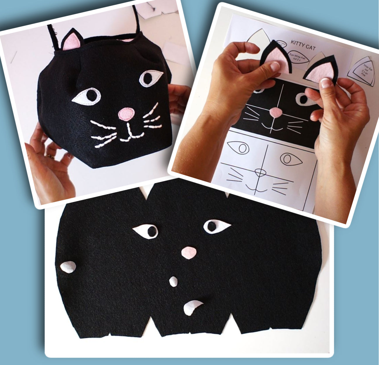 Halloween treat or trick basket, pdf sewing pattern by Frocks & Frolics. Images from the ebook to illustrate how to make a cat applique.