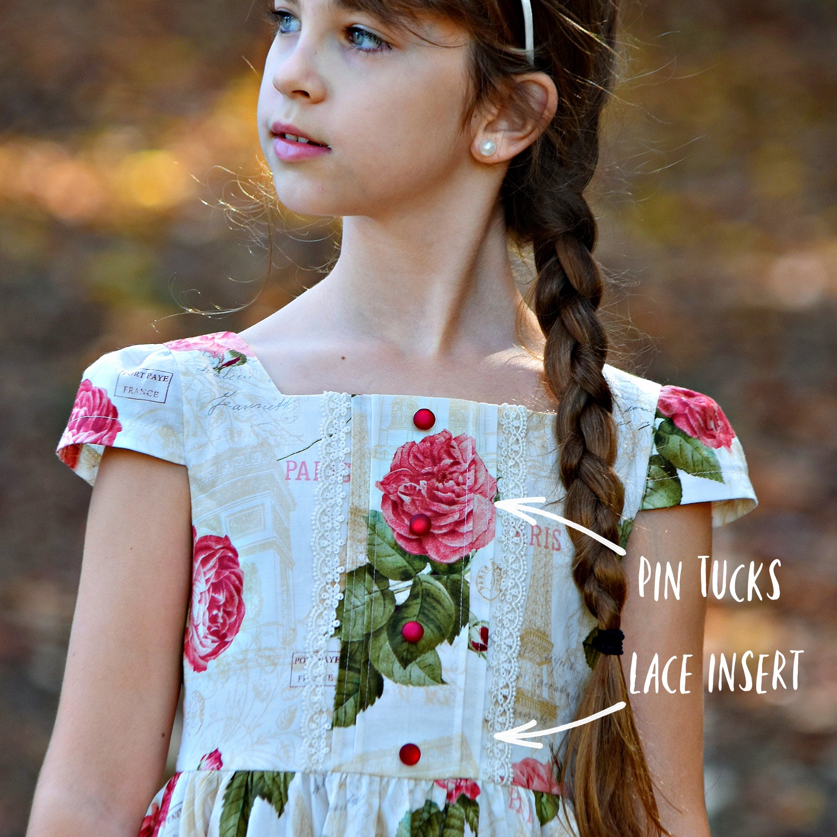 Isabella dress pdf sewing pattern by Frocks and Frolics. Vintage dress with large rose print, tudor neckline, short cap sleeves and a button down back closure. Optional pin tucks on the bodice. Comes with detailed video tutorial.
