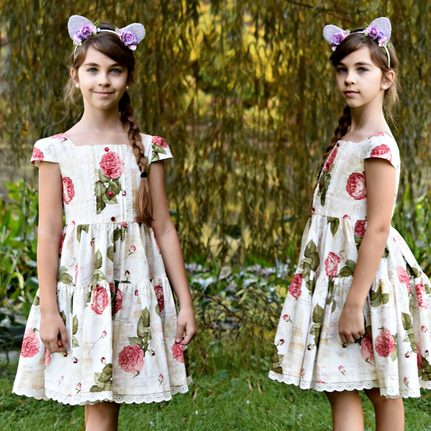Isabella dress pdf sewing pattern by Frocks and Frolics. Vintage dress with large rose print, tudor neckline, short cap sleeves and a button down back closure. Optional pin tucks on the bodice. Comes with detailed video tutorial.