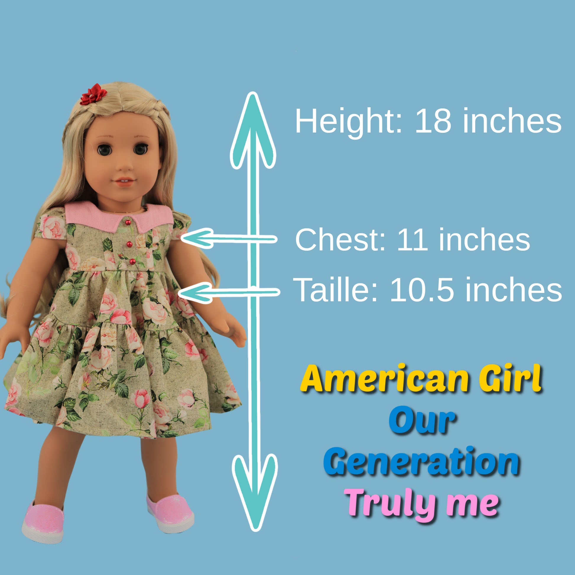 Isabella Doll dress, pdf sewing pattern for American Girl dolls. 18 inch doll clothes. Dress with pin tucks on the fron bodice and velcro closure. You get video tutorials for every step. Size chart.
