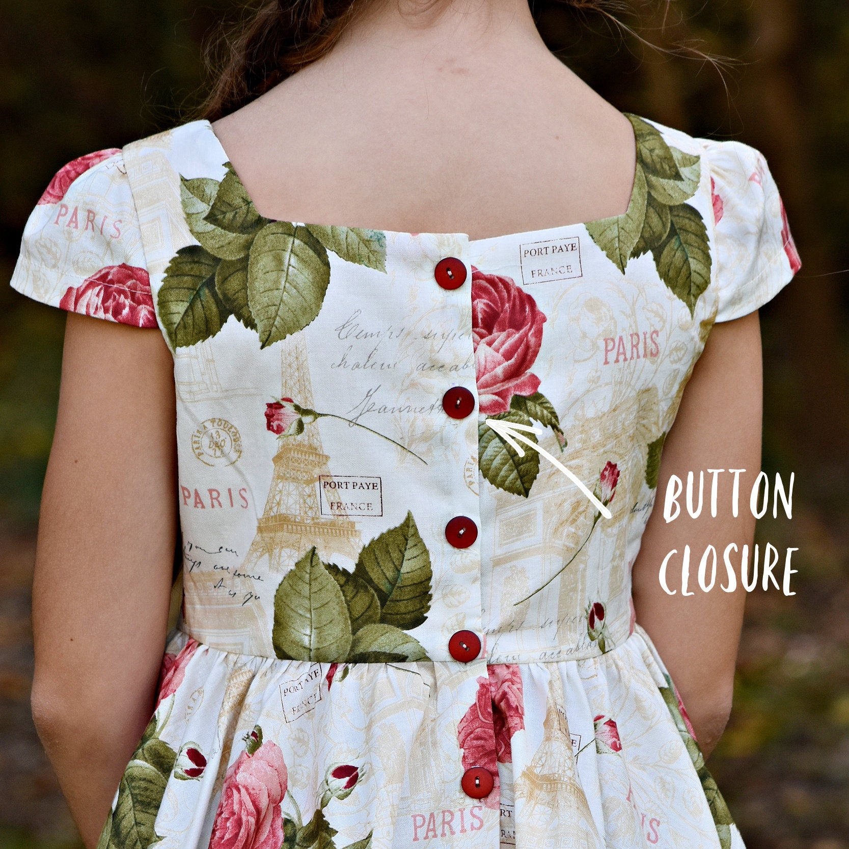 Isabella dress pdf sewing pattern by Frocks and Frolics. Vintage dress with large rose print, tudor neckline, short cap sleeves and a button down back closure. Optional pin tucks on the bodice. Comes with detailed video tutorial.