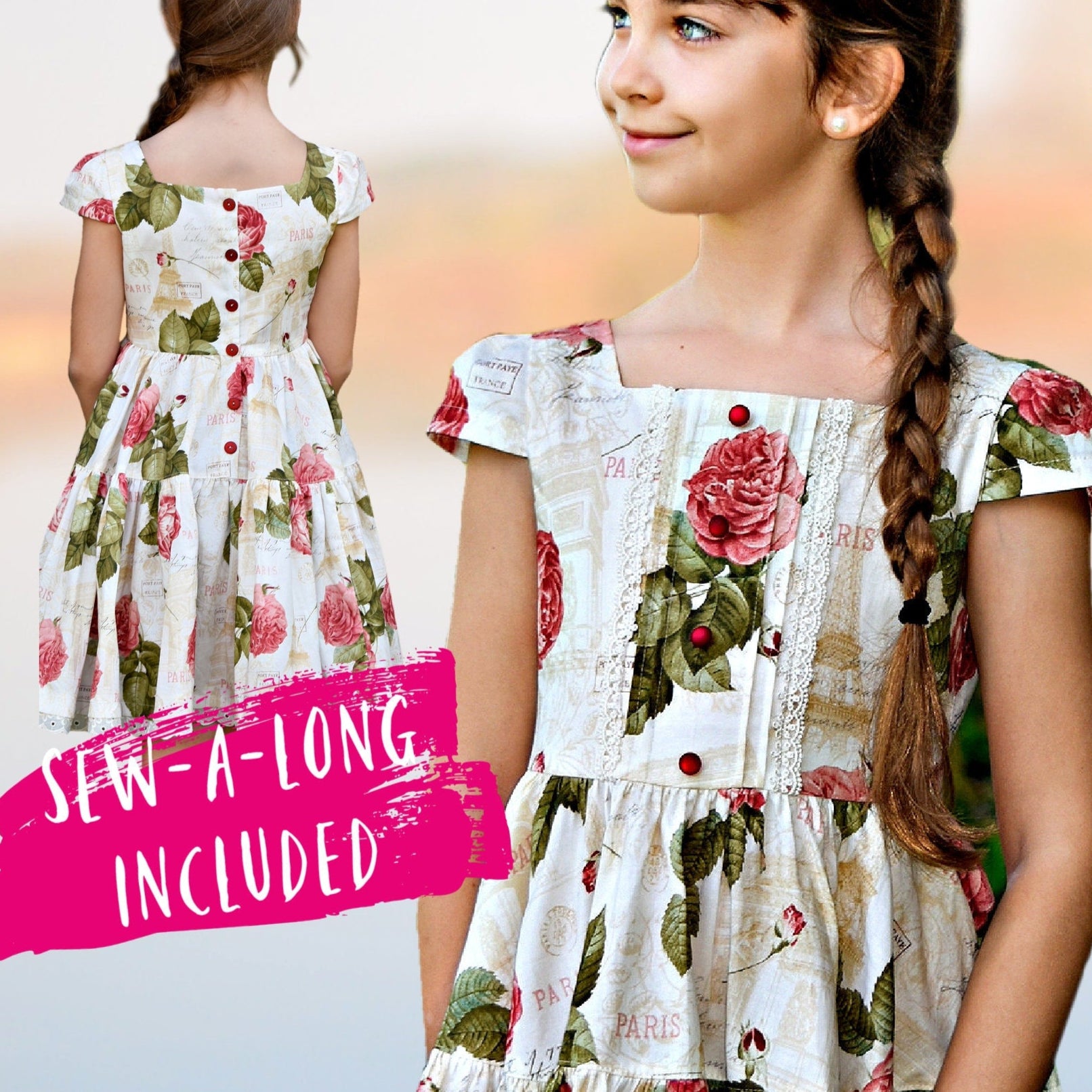 Isabella dress pdf sewing pattern by Frocks and Frolics. Vintage dress with large rose print, tudor neckline, short cap sleeves and a button down back closure. Optional pin tucks on the bodice. Comes with detailed video tutorial.