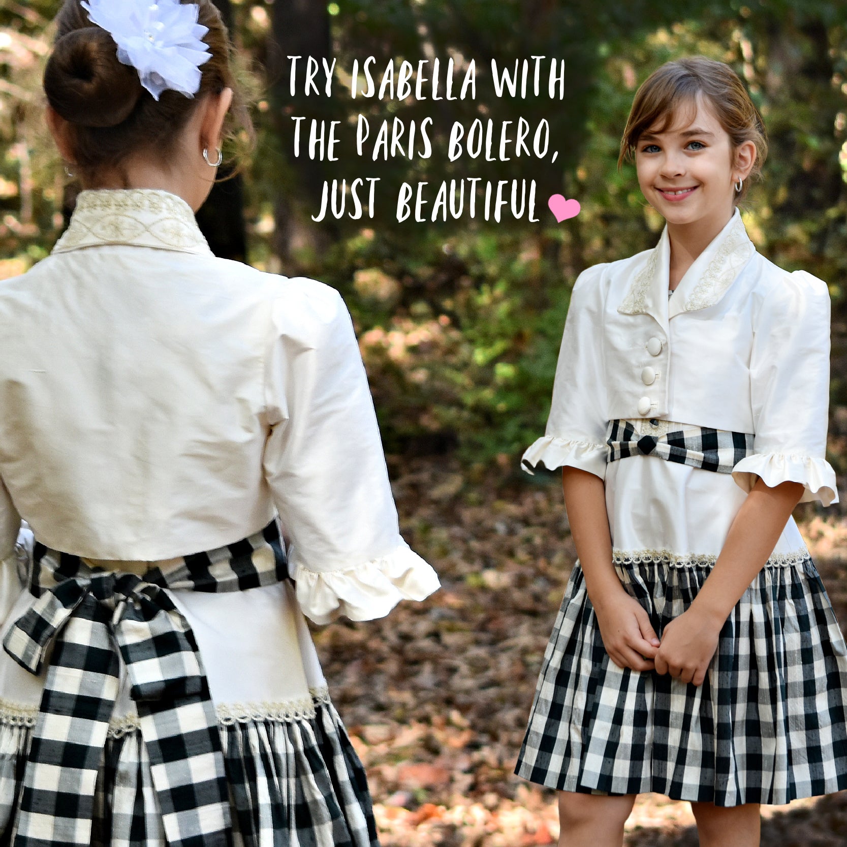 Isabella dress pdf sewing pattern by Frocks and Frolics. Flower Girl Vintage dress with ivory bodice, large gingham print, tudor neckline, short cap sleeves and a button down back closure. Optional pin tucks on the bodice. Comes with detailed video tutorial.
