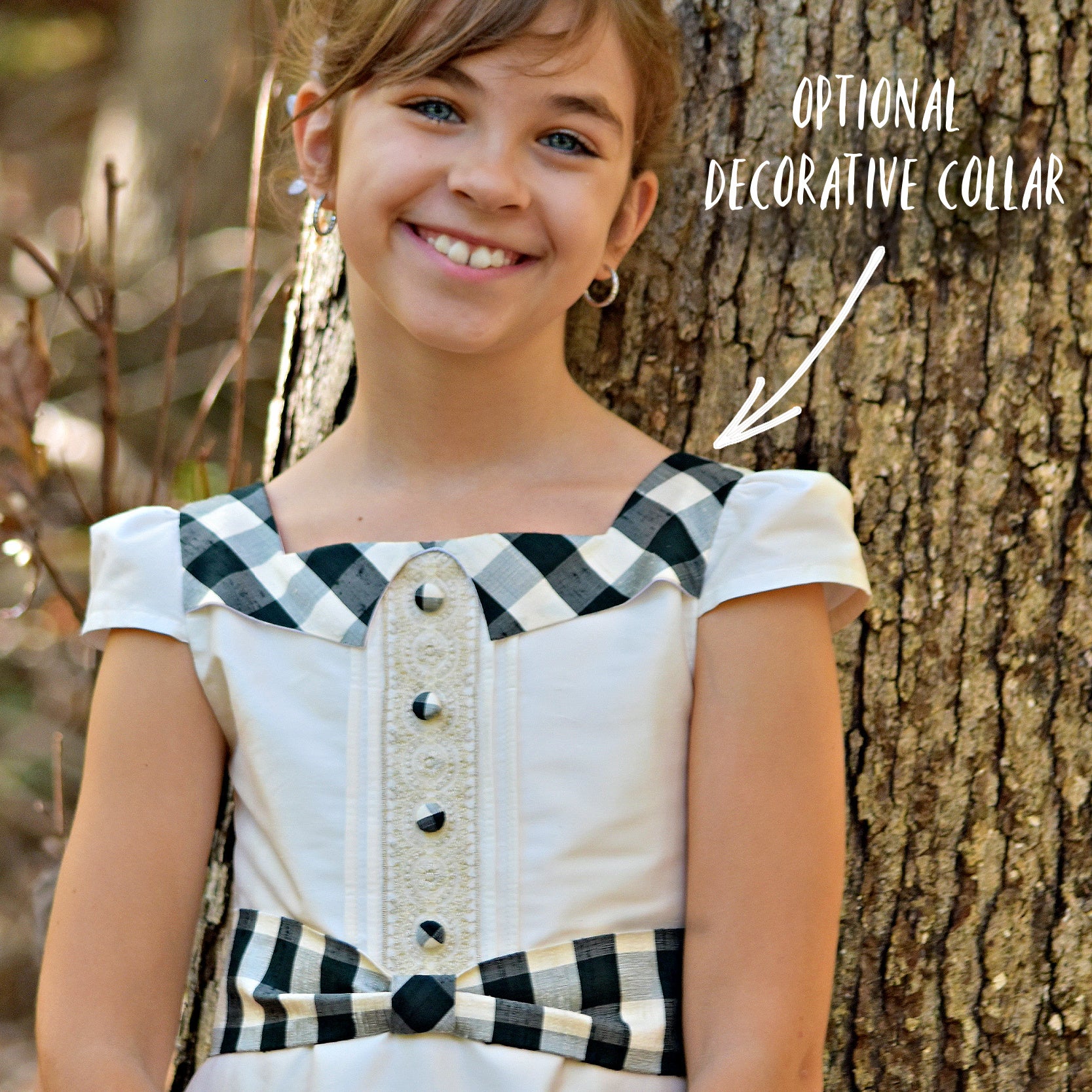 Isabella dress pdf sewing pattern by Frocks and Frolics. Flower Girl Vintage dress with ivory bodice, large gingham print, tudor neckline, short cap sleeves and a button down back closure. Optional pin tucks on the bodice. Comes with detailed video tutorial.