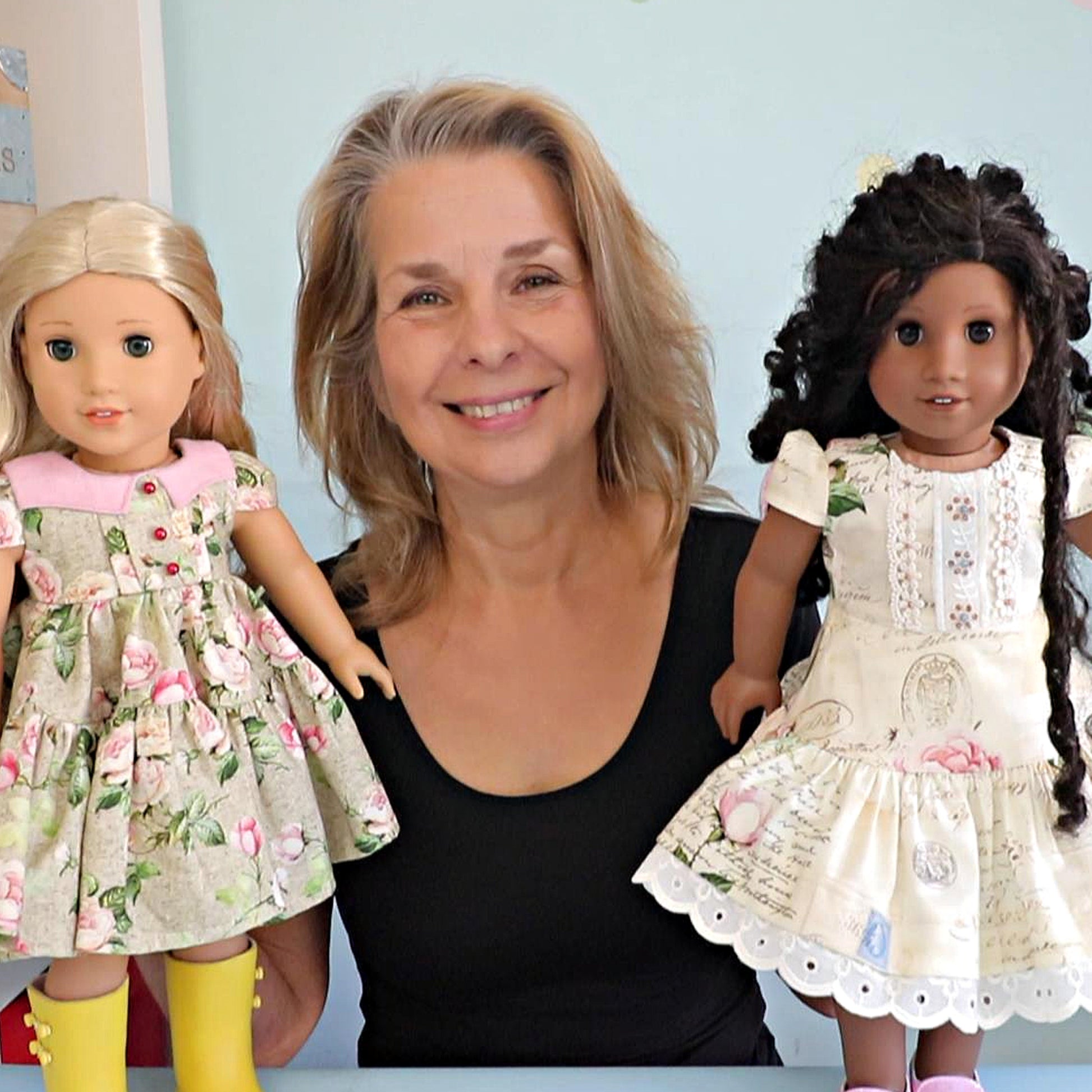 Isabella Doll dress, pdf sewing pattern for American Girl dolls. 18 inch doll clothes. Dress with pin tucks on the fron bodice and velcro closure. You get video tutorials for every step.
