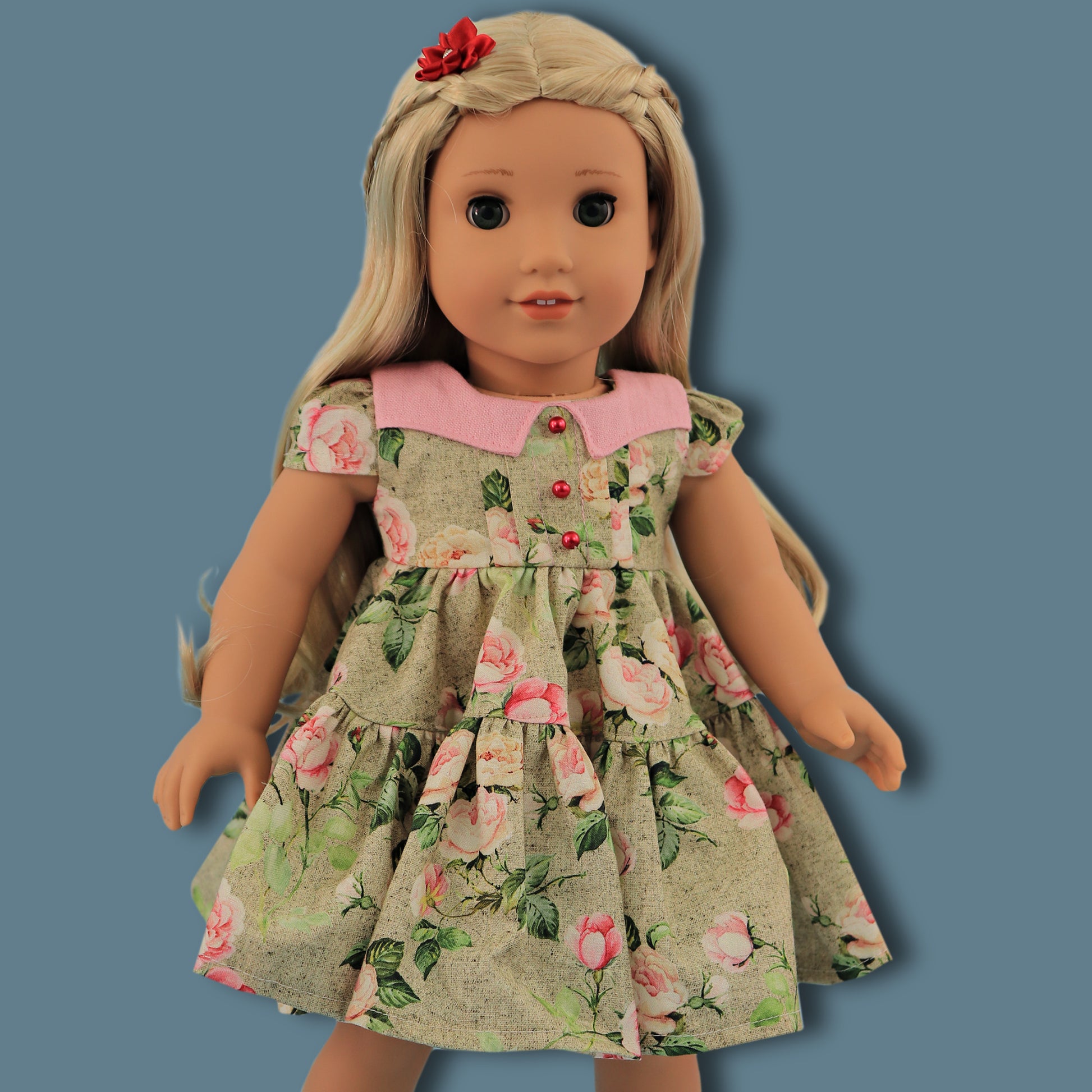 Isabella Doll dress, pdf sewing pattern for American Girl dolls. 18 inch doll clothes. Dress with pin tucks on the fron bodice and velcro closure. You get video tutorials for every step.