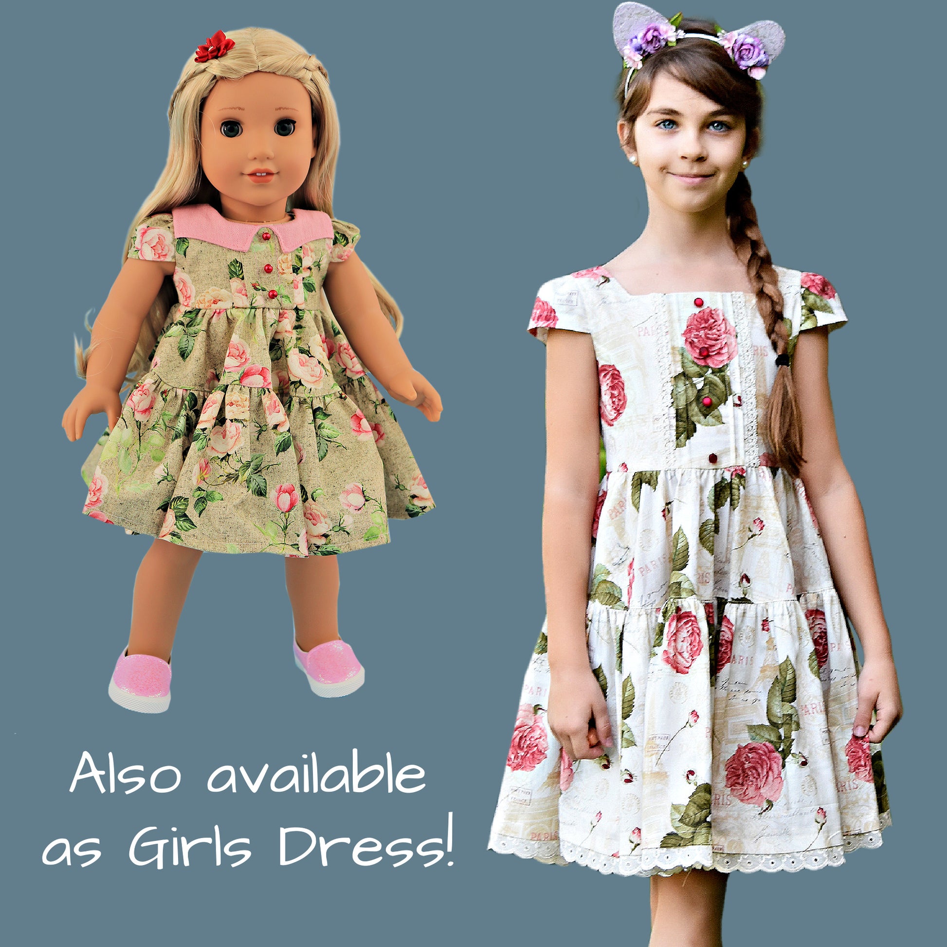 Isabella Doll dress, pdf sewing pattern for American Girl dolls. 18 inch doll clothes. Dress with pin tucks on the fron bodice and velcro closure. You get video tutorials for every step. Also available for girls.