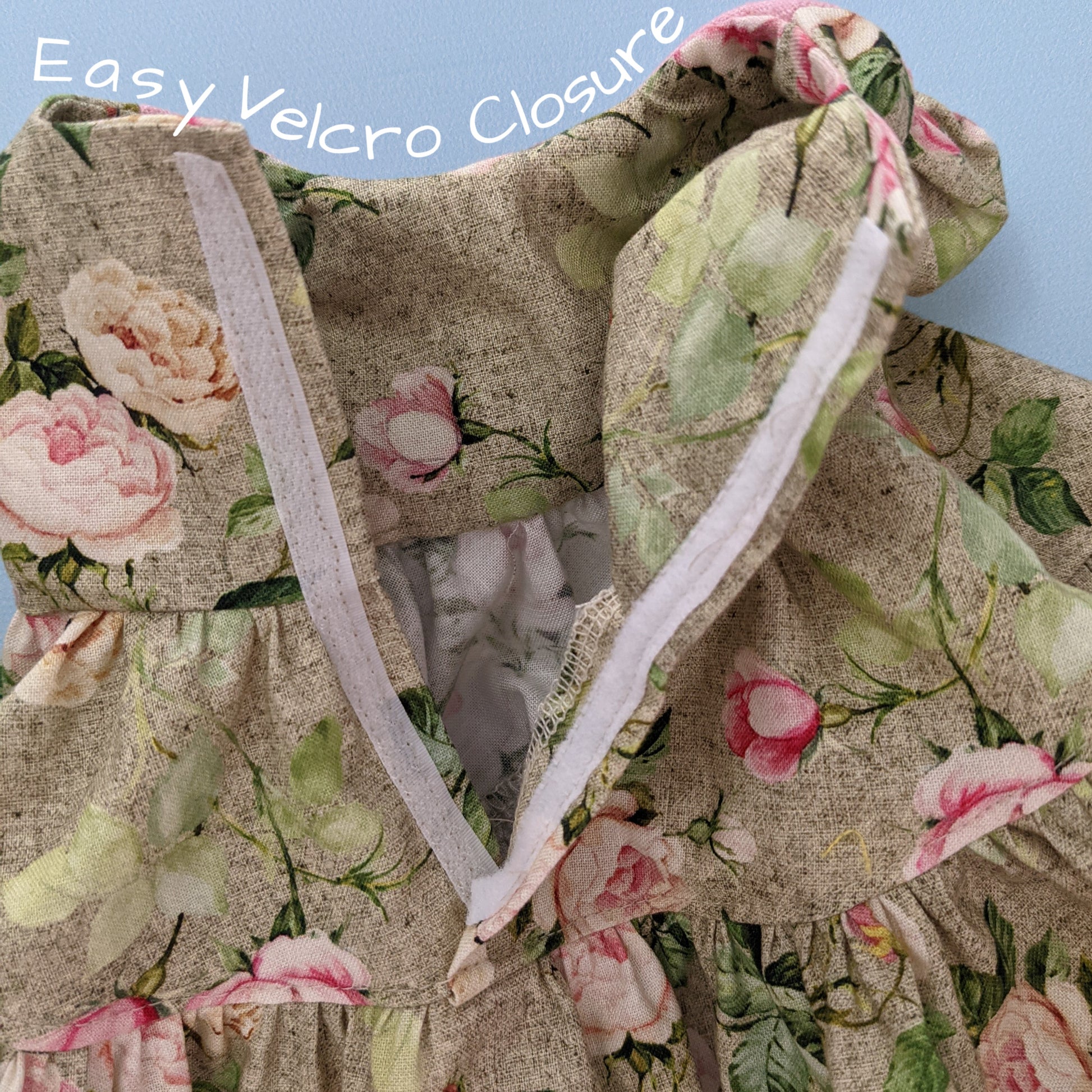 Isabella Doll dress, pdf sewing pattern for American Girl dolls. 18 inch doll clothes.  You get video tutorials for every step. Velcro closure open, close up.